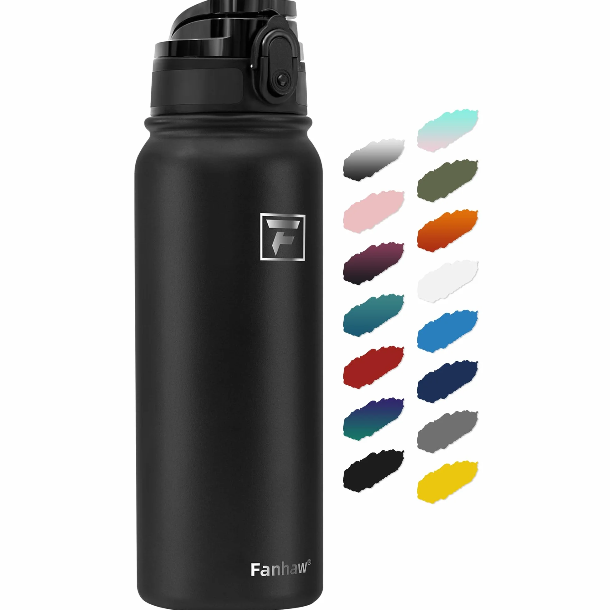 Fanhaw Botella de agua aislada de 20 onzas, de acero inoxidable de doble pared, reutilizable, a prueba de fugas y sudor, con tapa de apertura con un solo clic, apta para lavavajillas (negro)
