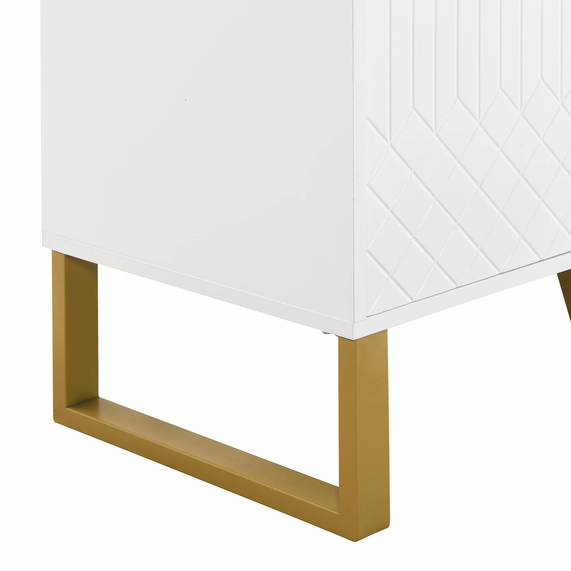 Aparador brillante, 4 puertas, tiradores y patas de metal, diseño geométrico en blanco, 140L*40L*80H, apto para salas de estar
