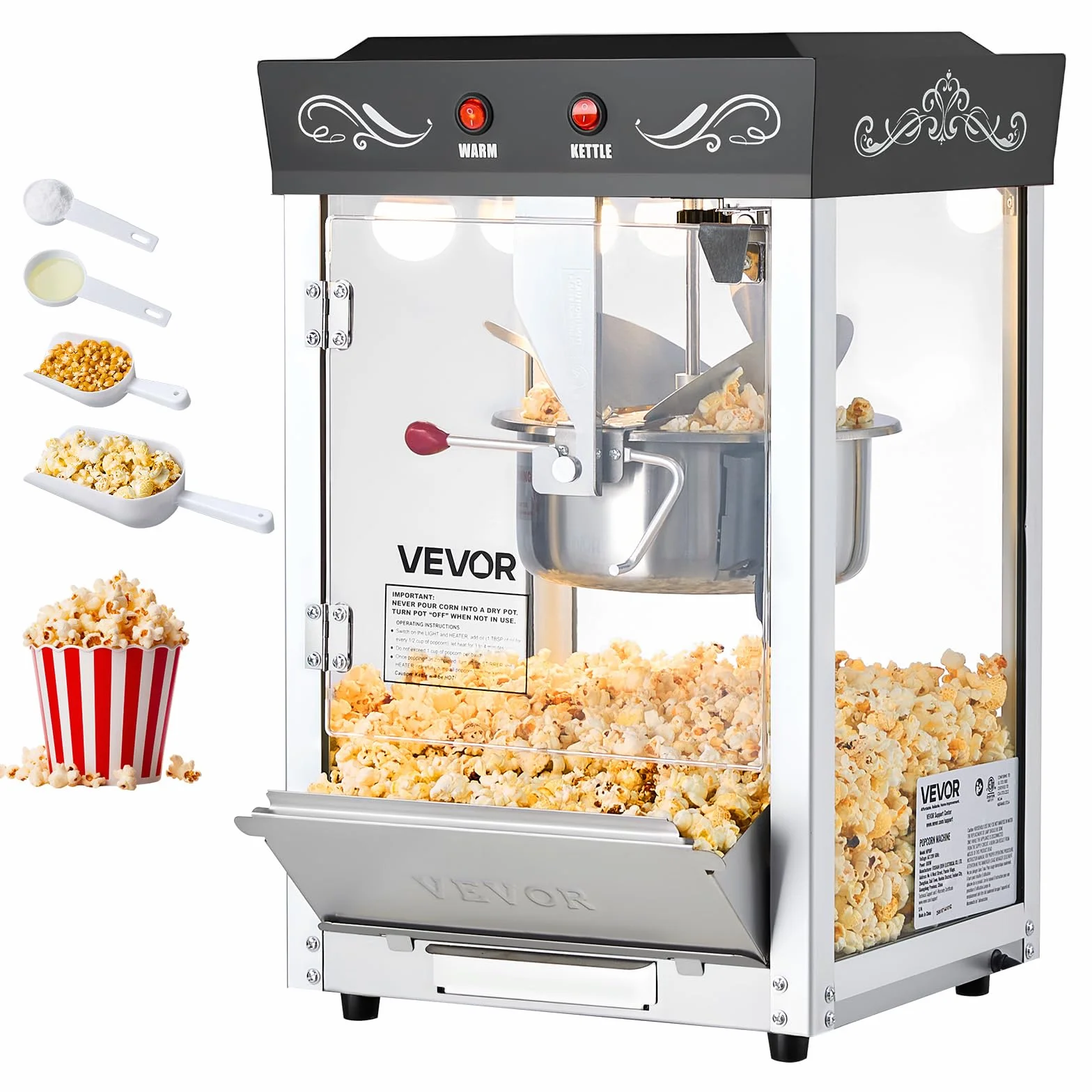 VEVOR Máquina de Palomitas Acero Inoxidable 800 W 48 Tazas Estilo Cine Negro