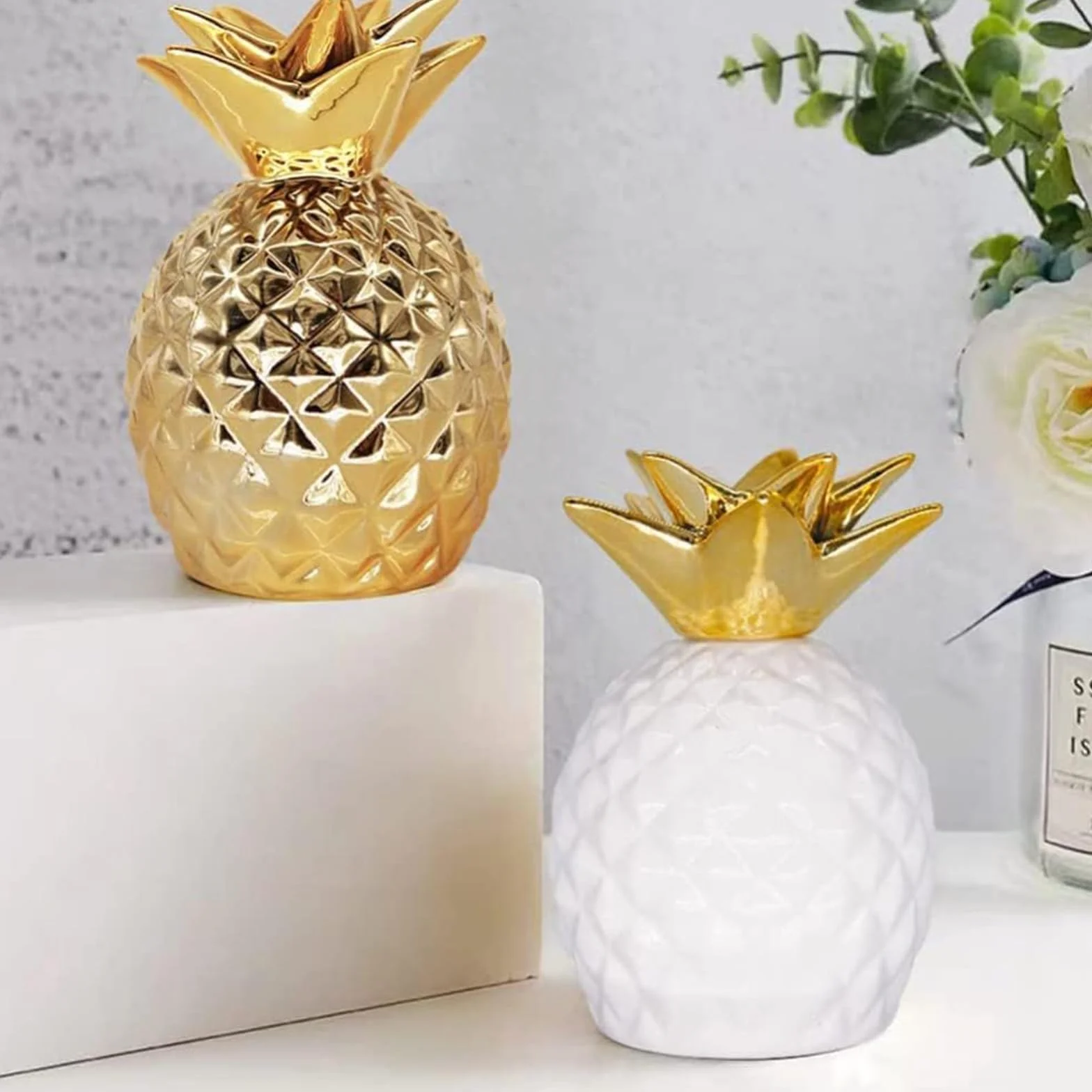 Caja de Dinero de Piña, Figura de Piña Caja de Monedas, Hucha Piña, Hucha para Frutas, Figura de Piña Caja de Dinero, Hucha de Moneda de Piña, Hucha de Cerámica con Diseño de Piña (Blanco)
