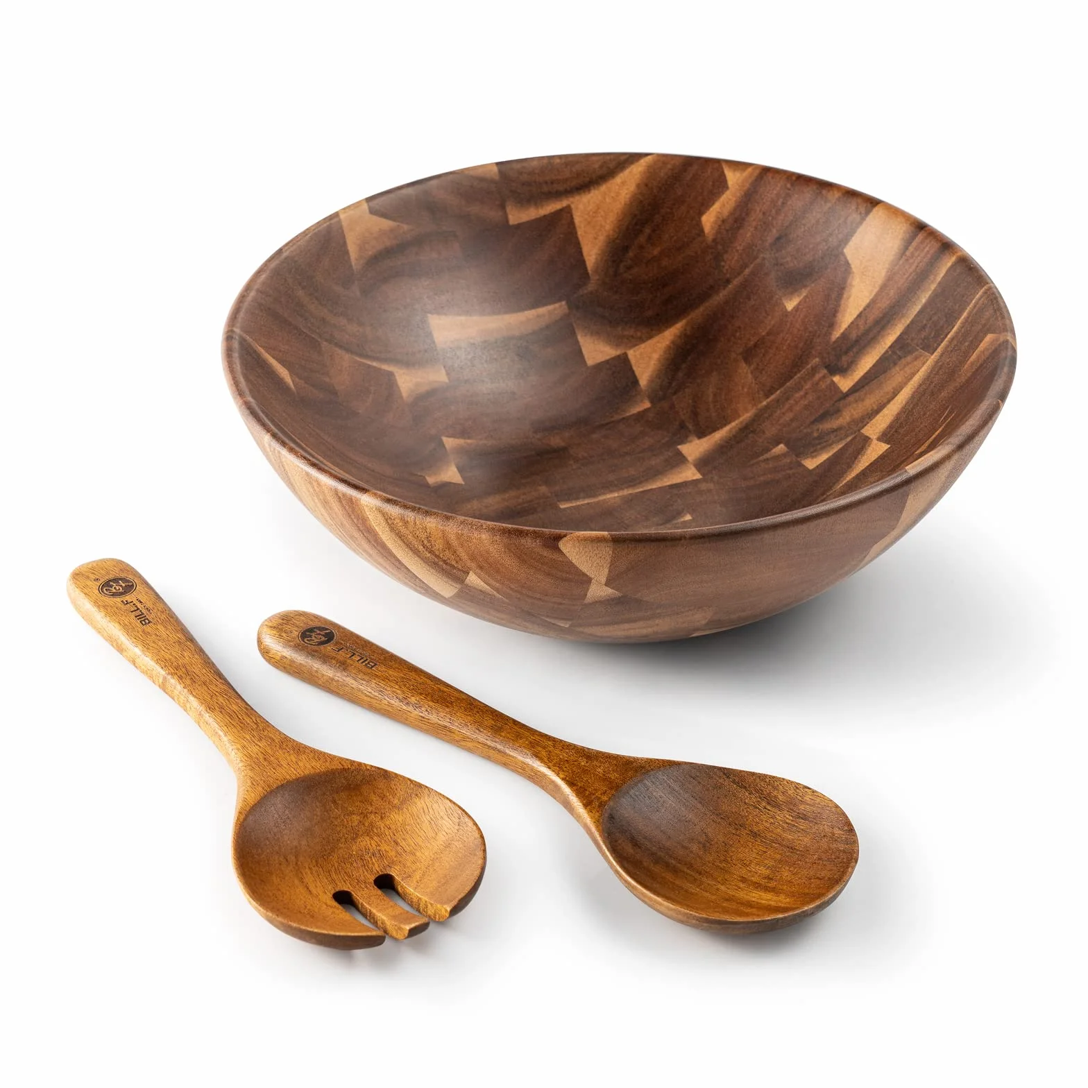 Bill.F - Ensaladera de madera de acacia, juego de ensaladera grande con servidores, juego de 3 ensaladeras grandes de 30 x 10 cm