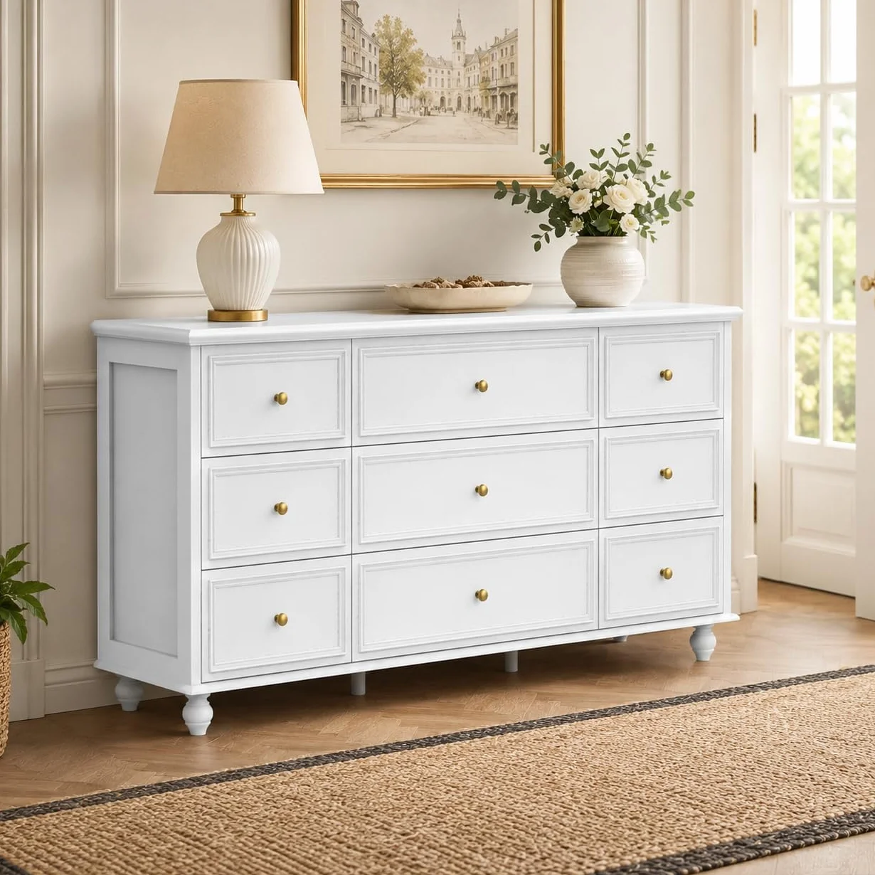 Aparador de sala de estar, cómoda con 9 cajones, mueble de almacenamiento versátil para pasillo, dormitorio y sala de estar, blanco, asas doradas, MDF, 160 × 40 × 80 cm