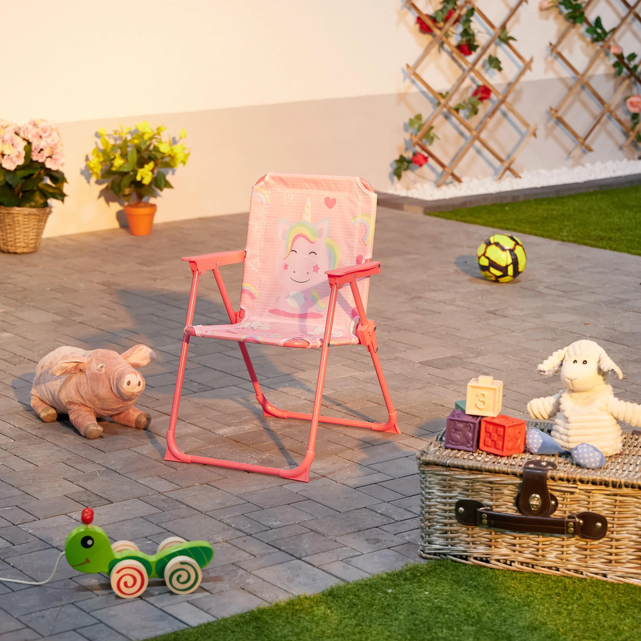 Relaxdays Silla Infantil Plegable Camping Unicornio 51,5x36x37,5 cm Asiento Pícnic Multicolor