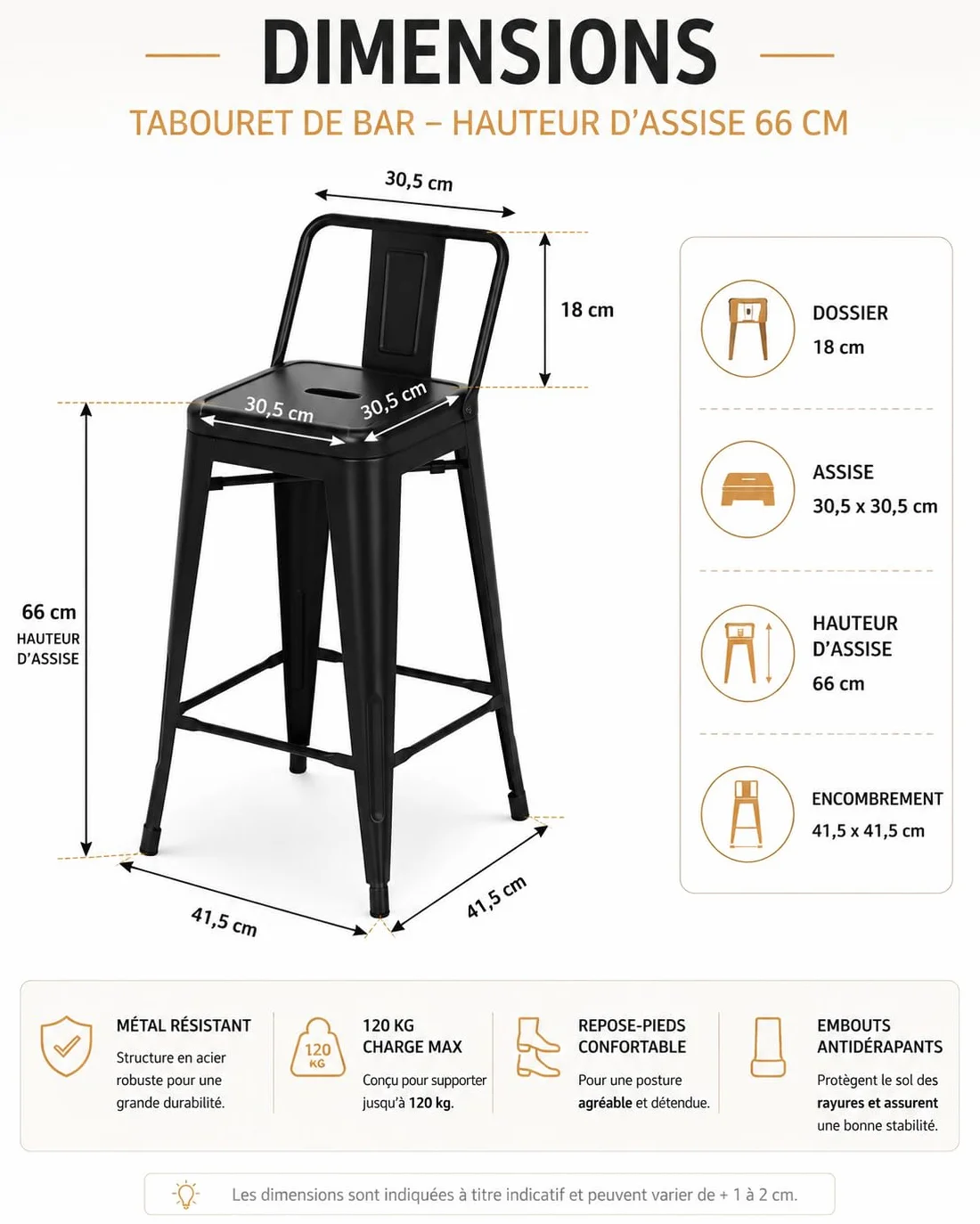 Kosmi - Lote de 4 taburetes de Bar en Metal Negro Mate con Respaldo pequeño, sillas de Bar Taburetes de Metal Altura 66 cm Mesa de 90 cm, Isla Central o encimera