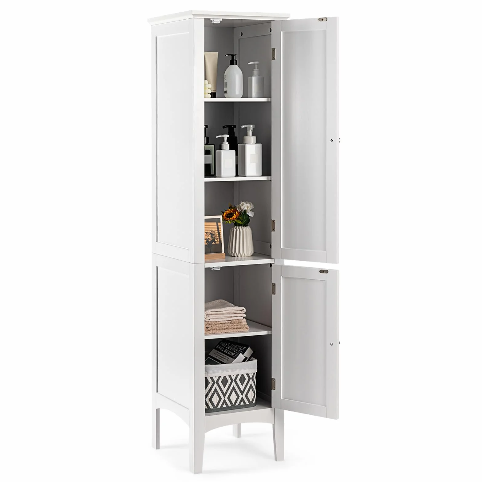 LIFEZEAL Armario Alto de baño con 2 Puertas, 37x37x160 CM Mueble Alto de Aseo, Mueble de Madera de 5 Niveles, Capacidad de Carga 10 KG por Estante (Blanco)