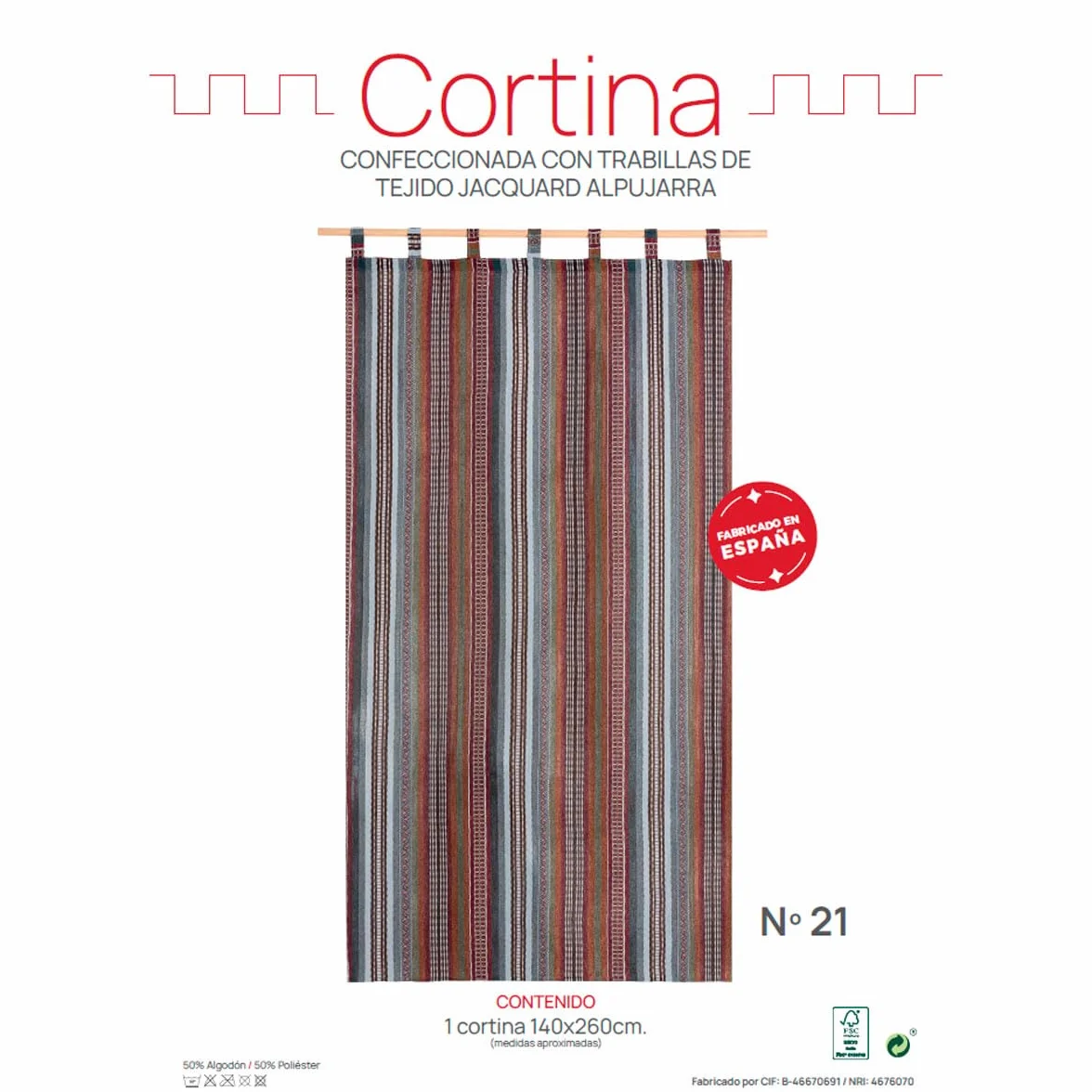 Cortina alpujarreña con trabillas RUSTICA Nº21 de 140x260 cm, Tejido jacquard, de fácil mantenimiento y resistente. Confeccionada con trabillas. Diseño rústico. Cortina de puerta exterior
