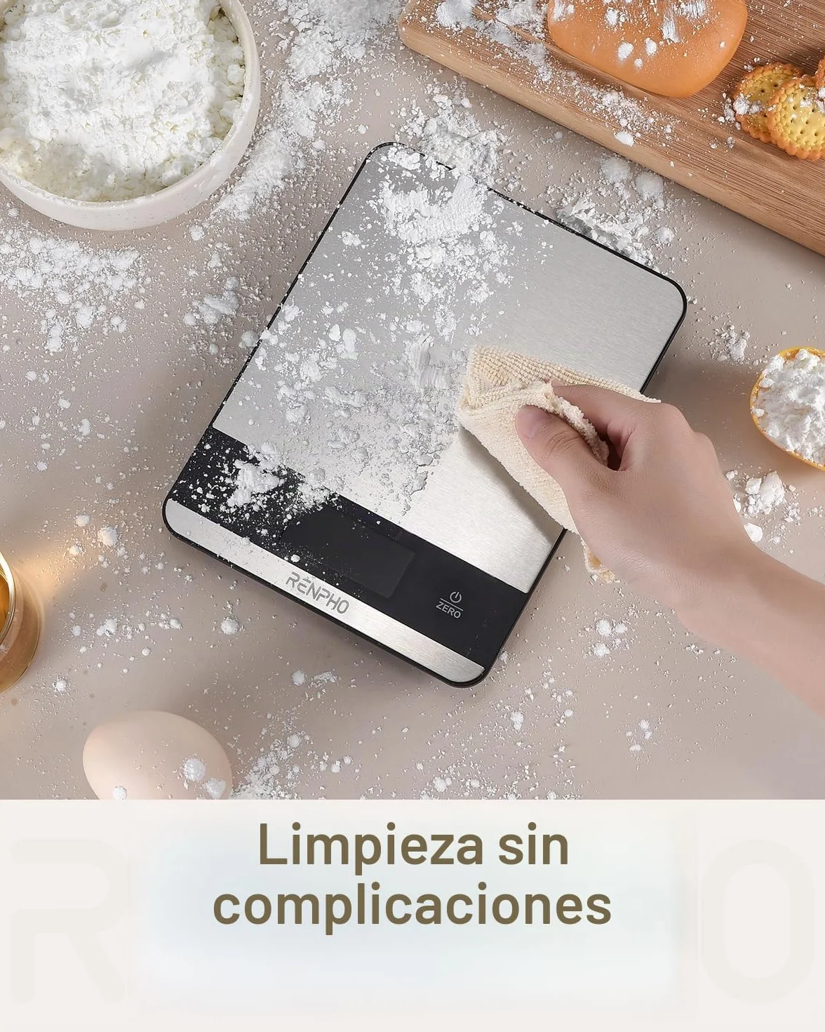 RENPHO Bascula Cocina Acero Inoxidable con 7 Unidades, Alta Precisión Balanza Peso de Cocina Digital, Bascula Comida para Hornear, Cocinar, Pantalla LCD, Batería Incluida