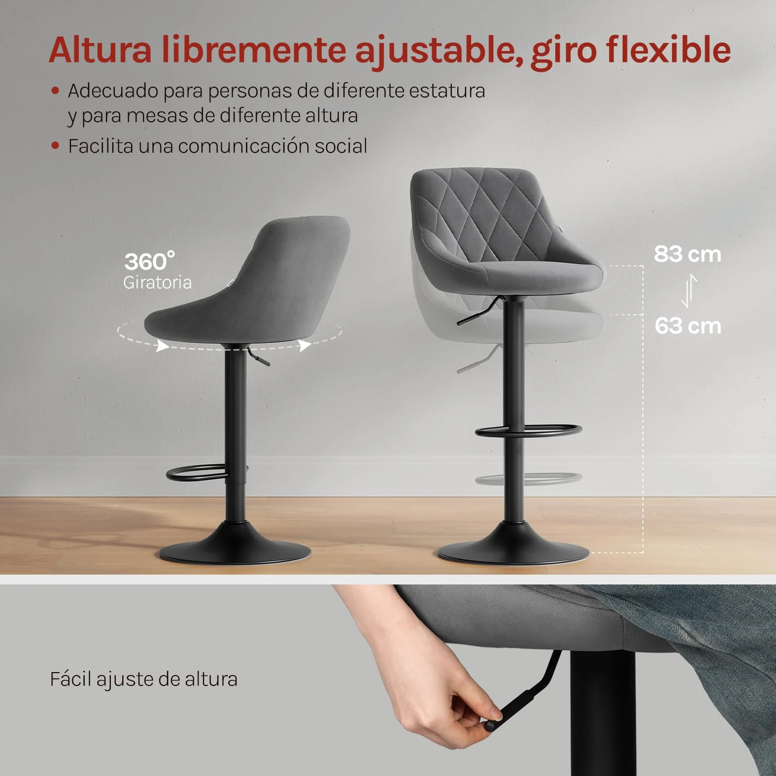 WOLTU 2X Taburete de Bar con Respaldo Terciopelo Regulable en Altura Gris Oscuro