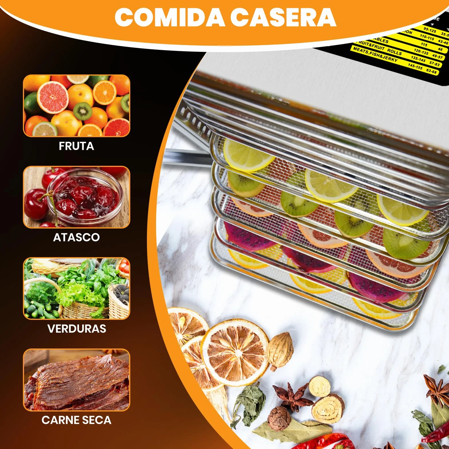 Deshidratador de alimentos 800 W, 12 bandejas acero inoxidable, 10.9 ft², control temperatura 190ºF, temporizador 24H