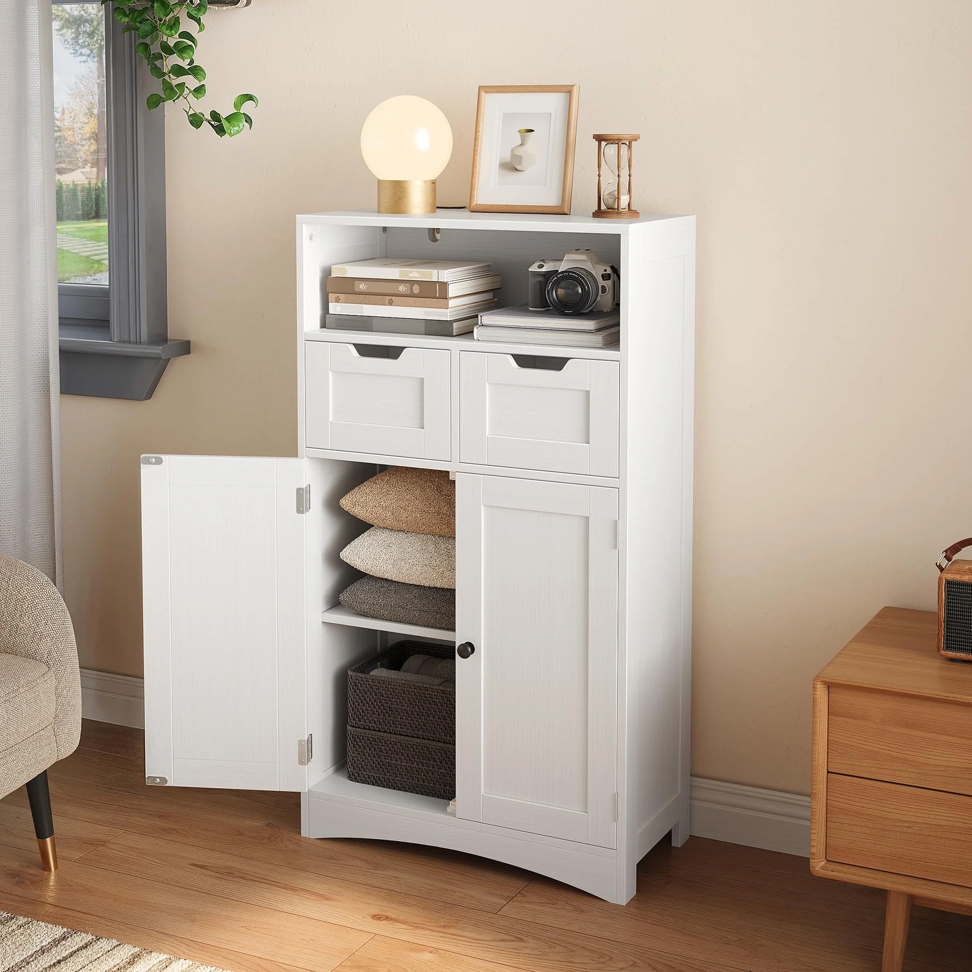 Bealife Armario de Baño 60x30x108 cm con 2 Puertas y 2 Cajones, Estante Ajustable, Blanco