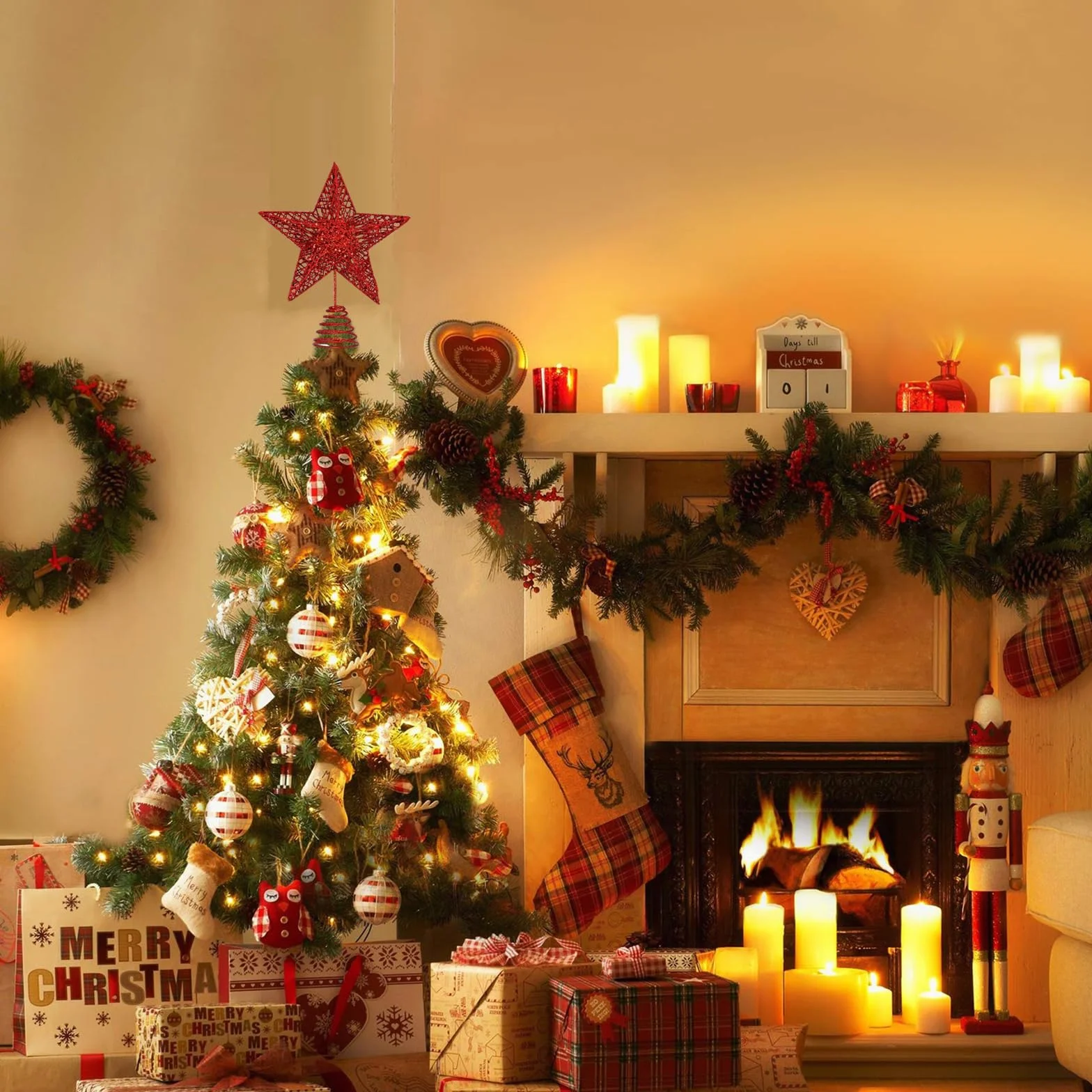 Decoración de metal rojo para árbol de Navidad con purpurina para árbol de Navidad, decoración del hogar