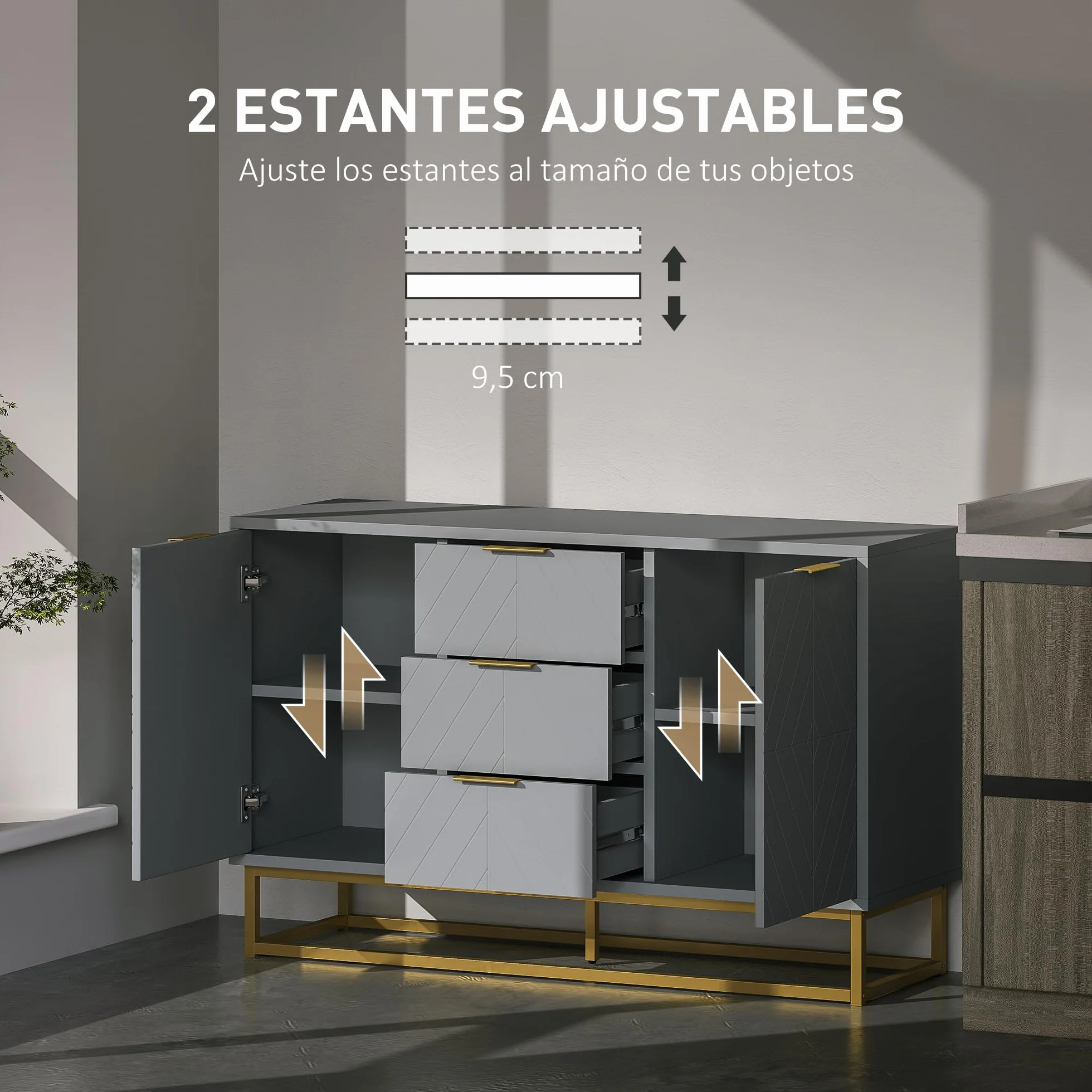 HOMCOM Aparador Moderno Aparador para Salón con 3 Cajones 2 Puertas y Estante Ajustable Mueble Auxiliar para Salón Cocina Antivuelco 120x40x76 cm Gris