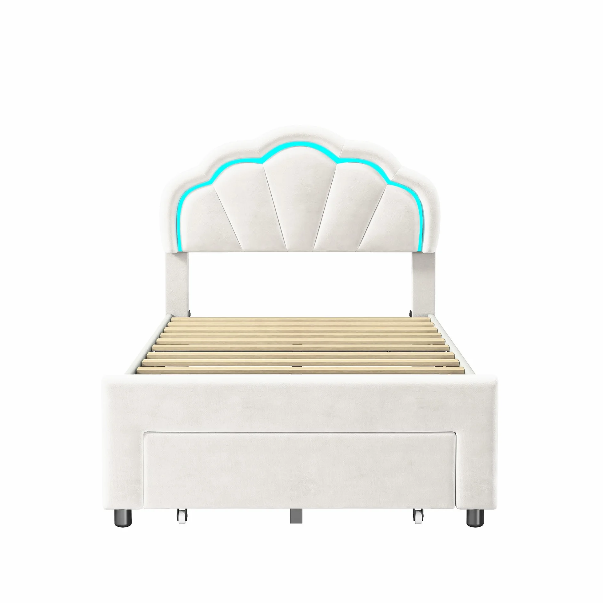 DADEA Cama de Niña Princesa LED con Cajones, Camas Individuales 90x200 Infantiles, Cama Infantil Niña90x200 con Cabecero Cama Niña Adolescente con SomierCamas Infantiles Moderna, Sin colchón