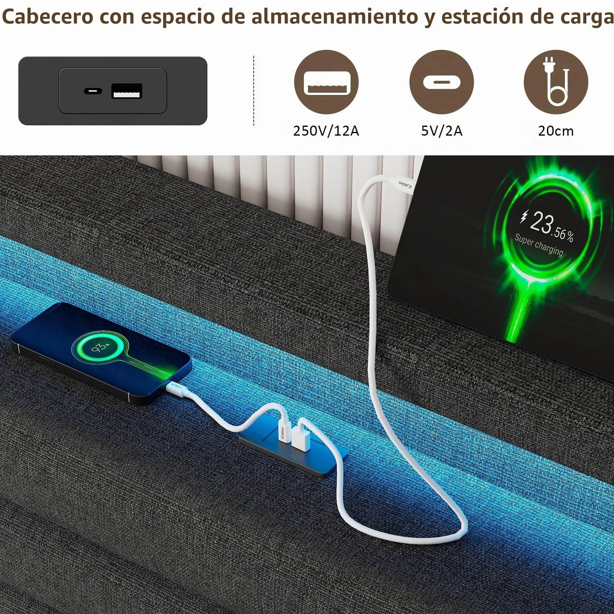 FEONASE Cama 160x200 cm con Almacenamiento, Tapizada, LED y Carga, Cabecero Hidráulico de Lino