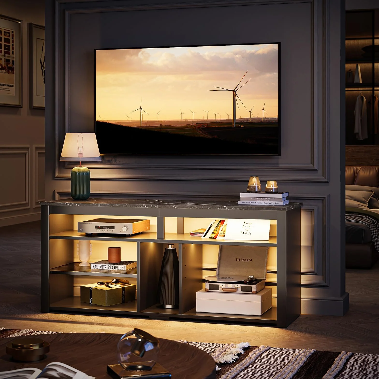 Bestier Mueble de TV Alto para televisores de 65", Soporte para TV con Almacenamiento para PS5, Consola de TV LED con Estante Ajustable para Sala de Estar, mármol Negro