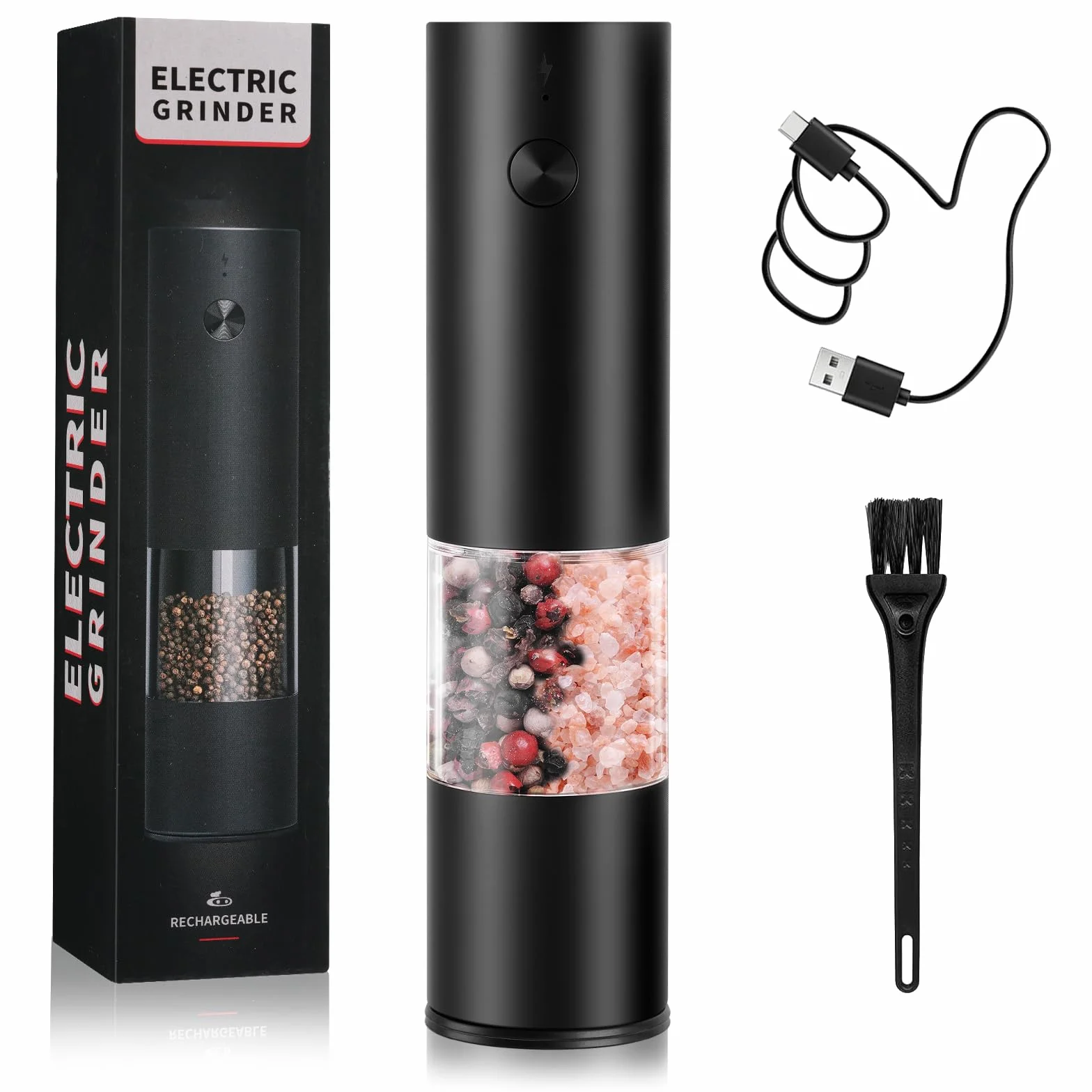 AXFEE Molinillo de Pimienta Eléctrico Recargable USB Tipo-C, 70 ml para la Cocina, Ajuste de Grueso, Funcionamiento con Una Mano, Molido Automático por Gravedad, para Cocina y Barbacoa(1 Unidade)