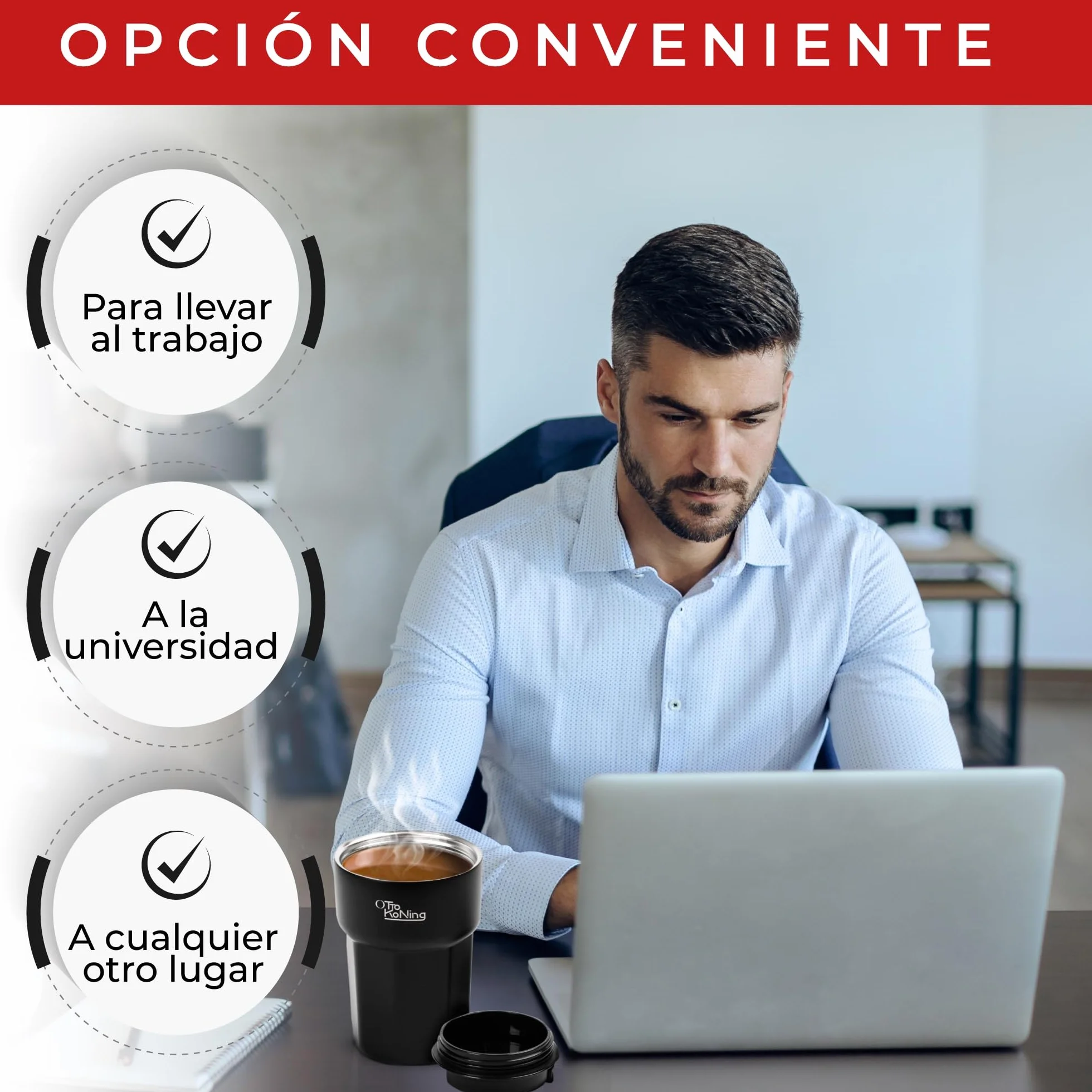 Otto Koning Termo Café 350ml. Taza de Café 100% a Prueba de Fugas, de Acero Inox sin BPA. Vaso Termo Café para llevar, Vaso Térmico para café, agua, té caliente y frío