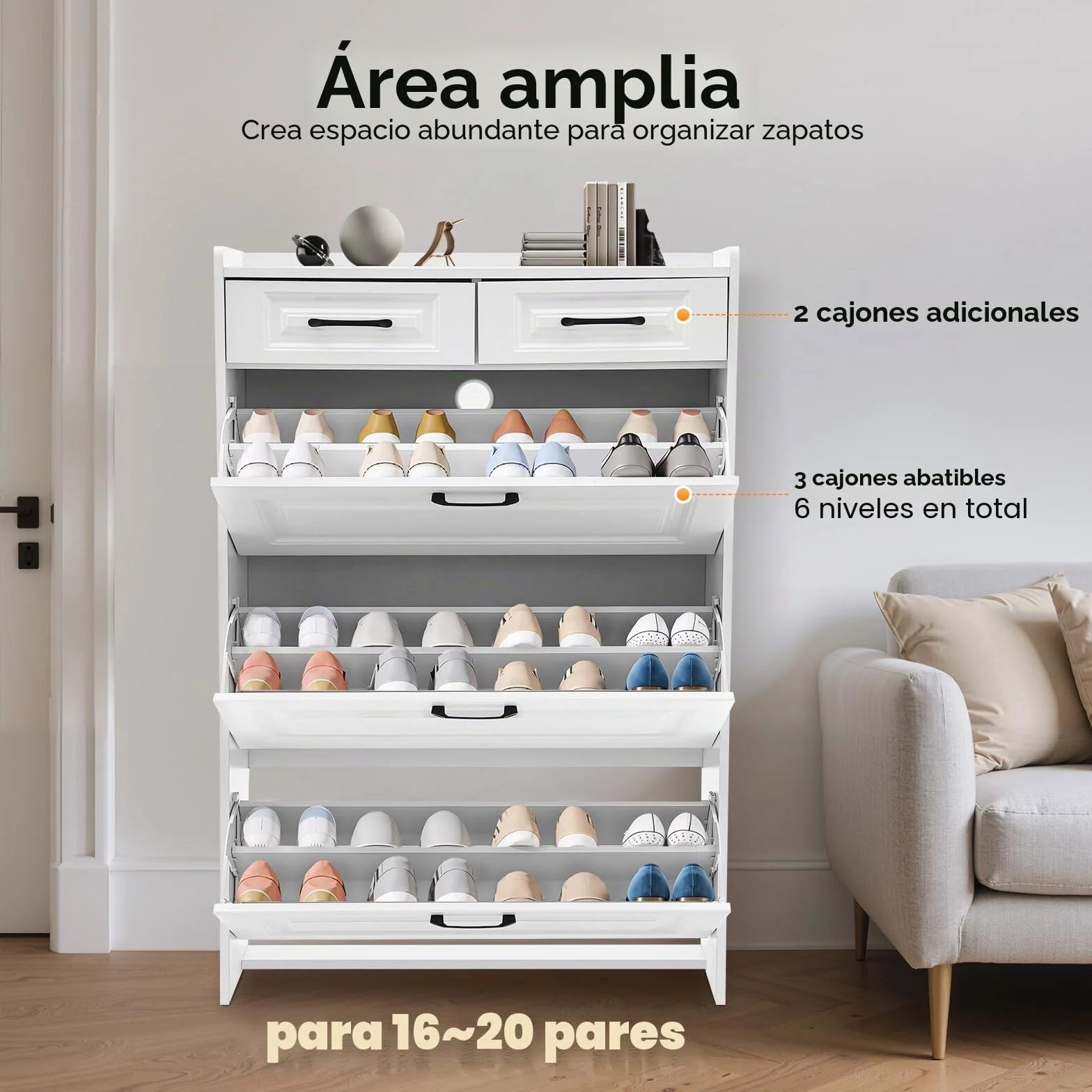 Zapatero estrecho de 80 x 24 x 120 cm, para 16 – 20 pares, zapatero blanco con 3 puertas abatibles, 2 cajones y estantes ajustables en altura, estrecho para pasillo, vestíbulo, salón