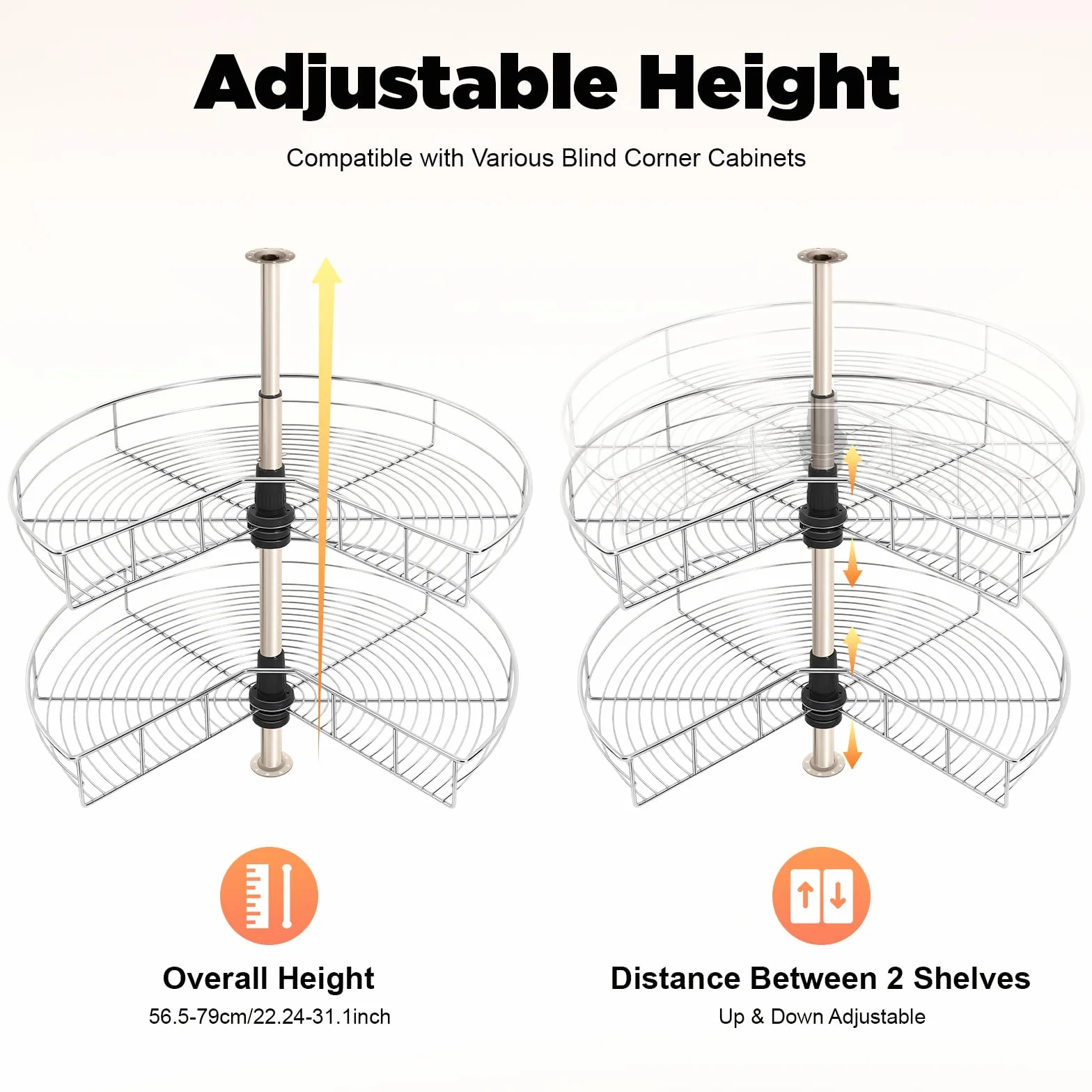 Organizador de armario de esquina, extensible, giratorio a 270°, con 2 cestas ajustables en altura y cierre suave, en acero inoxidable, máx. 16 kg por cesta, para armarios de cocina ≥ 80 x 80 cm
