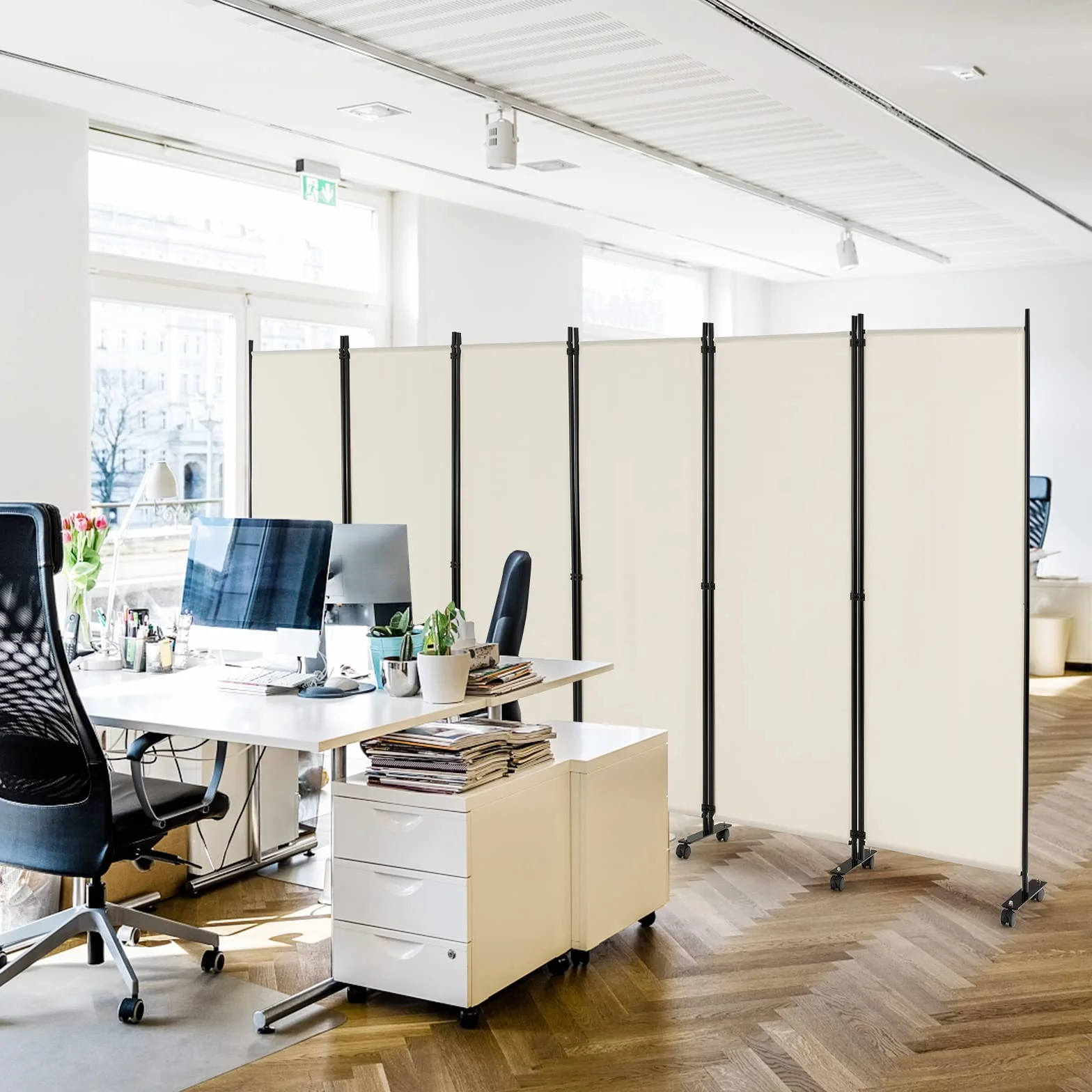 GIANTEX Biombo Plegable con Ruedas, Separador de Privacidad 6 Paneles, 334,5 x 172 cm, Divisor de Habitación de Tela con Patas Anchas, Protección Privada (Beige)