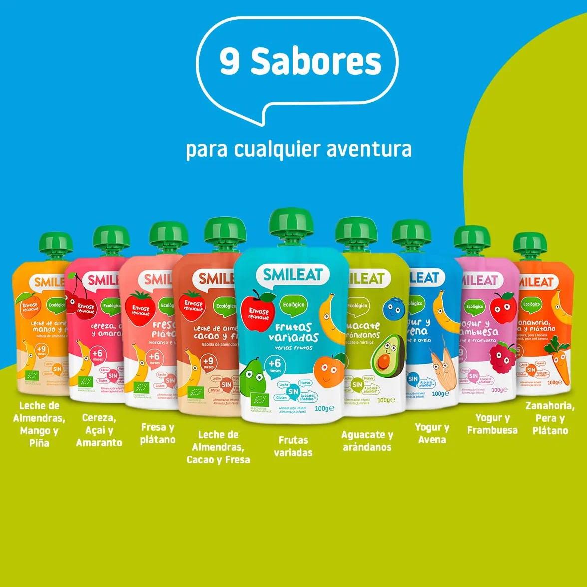 Smileat Pouch de Frutas Ecológicas Sin Sal ni Azúcar Añadido Sin Gluten Sabor Aguacate y Arándanos
