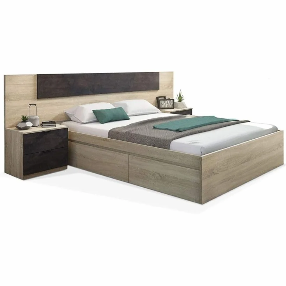 Mobelcenter, Conjunto Dormitorio Matrimonio Oxido, Color Roble Canadian y Oxido, Cabezal para Camas de 135 y 150 cm, 2 Mesitas de 3 cajones, Armario 3 Puertas 3 Cajones y Cama con 4 cajones (P0021)
