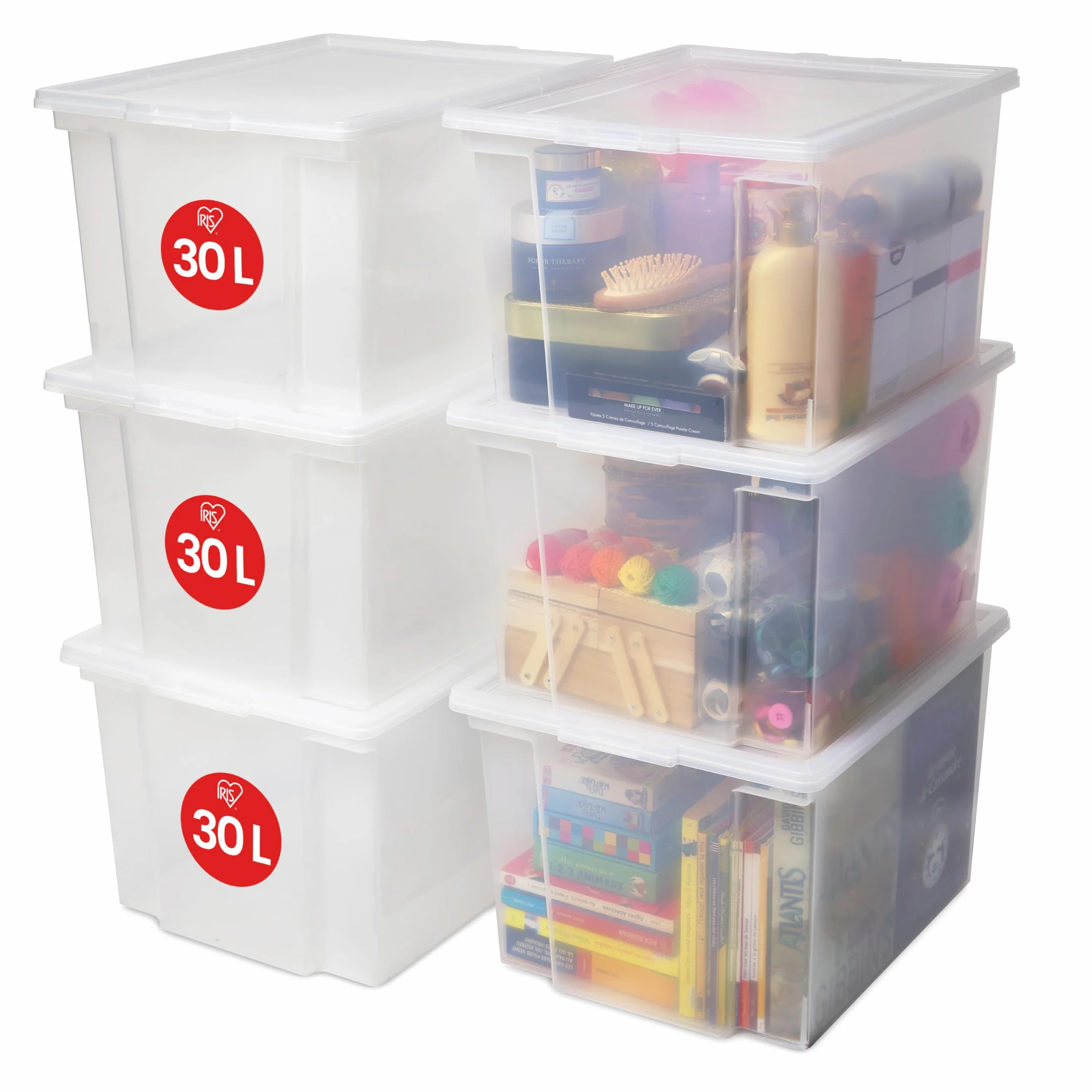 Iris Ohyama, Cajas de almacenamiento de plástico con tapa de 30L, Lote de 6 cajas grandes apilables, Sin BPA, Cuarto de lavado, Oficina, USB-M, Transparente - A42 x F35,5 x A26,5 cm
