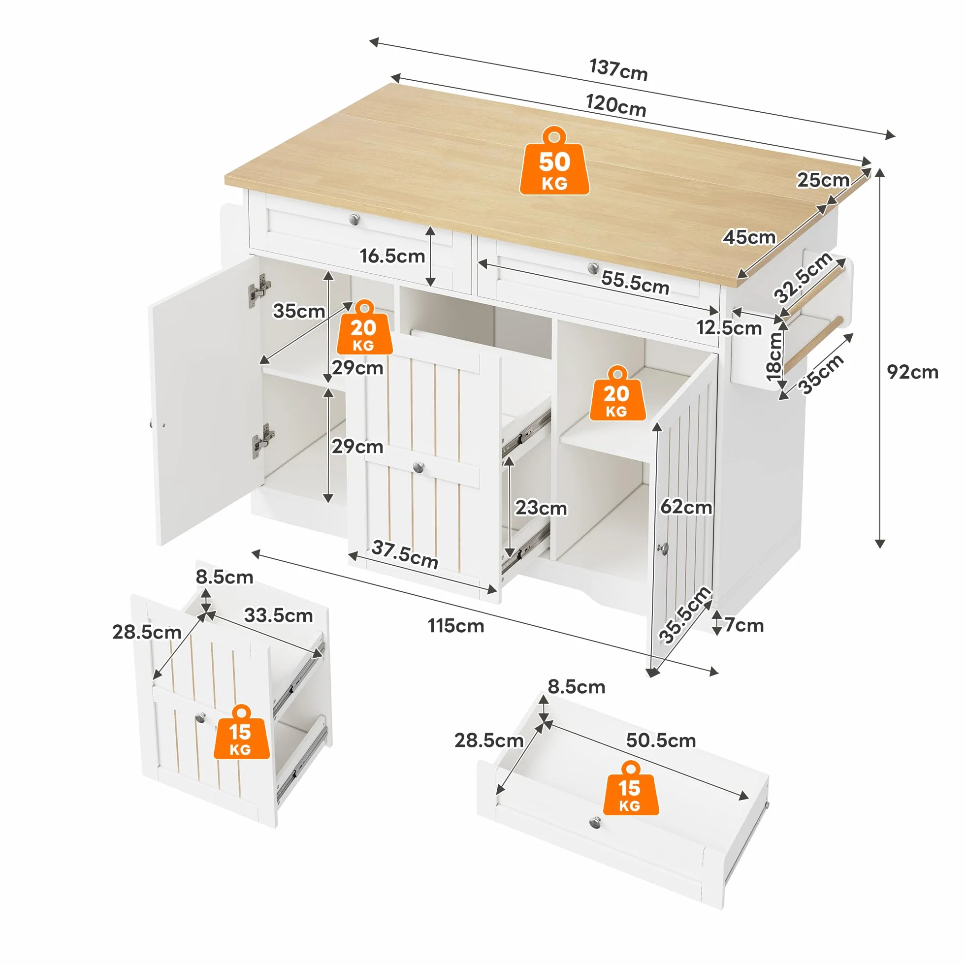 Isla Cocina con Ruedas y Encimera Plegable, Mueble Auxiliar de Cocina con 3 Cajones y 2 Puertas, Isla de Cocina con Estante para Condimentos y Toallero, 137x45-70x92 cm, Natural+Blanco