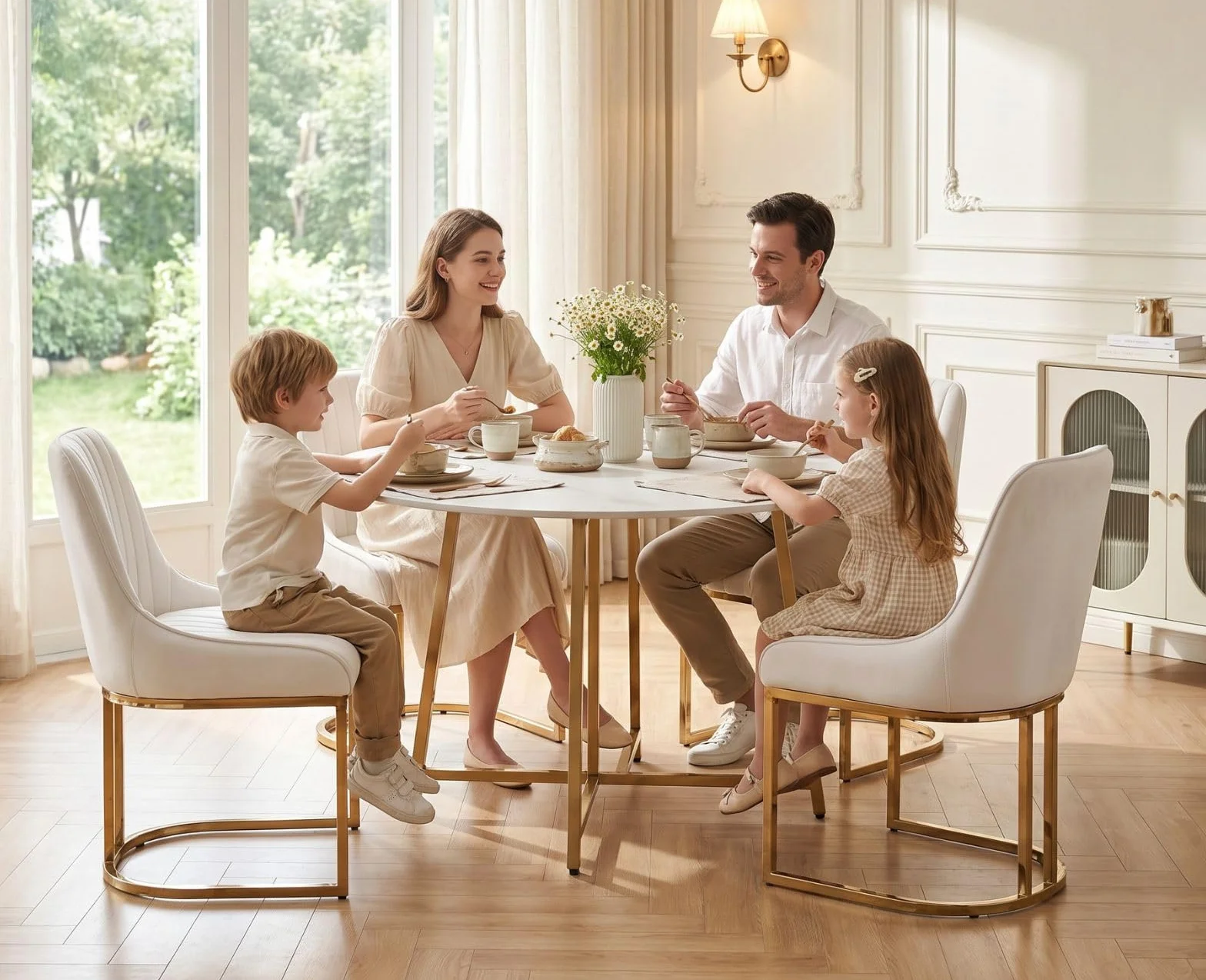 chairus Juego de 4 Sillas de Comedor Terciopelo Sillas Cocina Modernas con Patas Doradas, Sillas Restautante Elegante sin Brazos para Salón/Cafetería/Recepción, Blanco