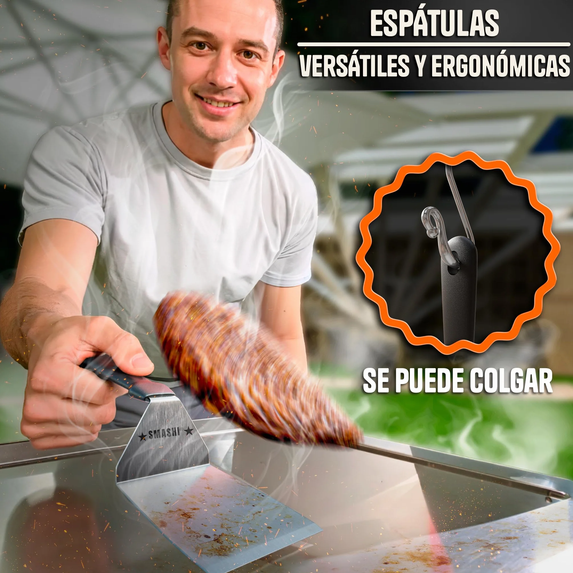 SMASHI® Smash Burger Kit Acero Inoxidable 304 Prensa Hamburguesas + Espátula + 50 Papeles
