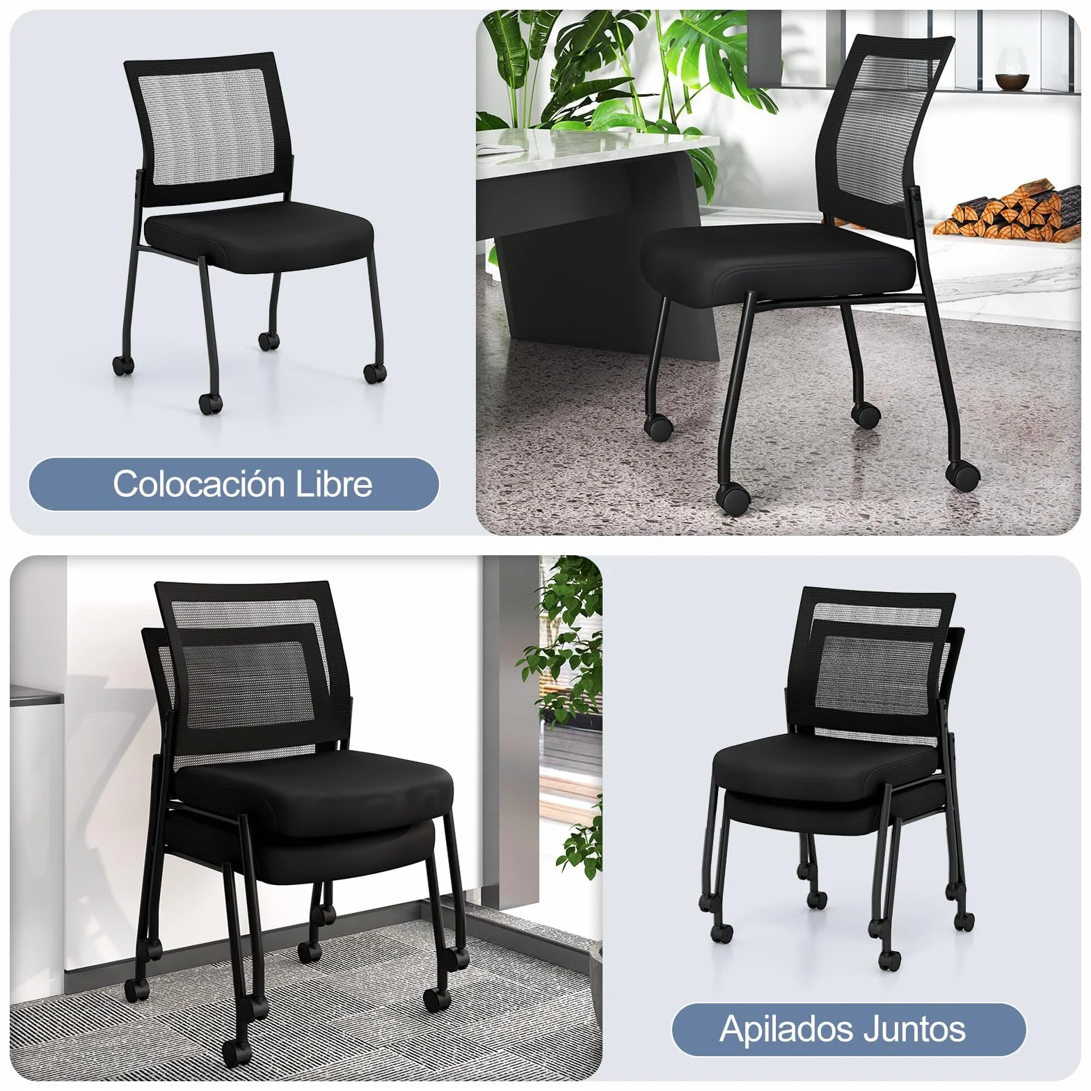 COSTWAY 2 Sillas Sala de Espera sin Brazos, Respaldo de Malla y Asiento Acolchado, Sillas Confidente con Ruedas, Silla Oficina, Carga 125kg, Negro