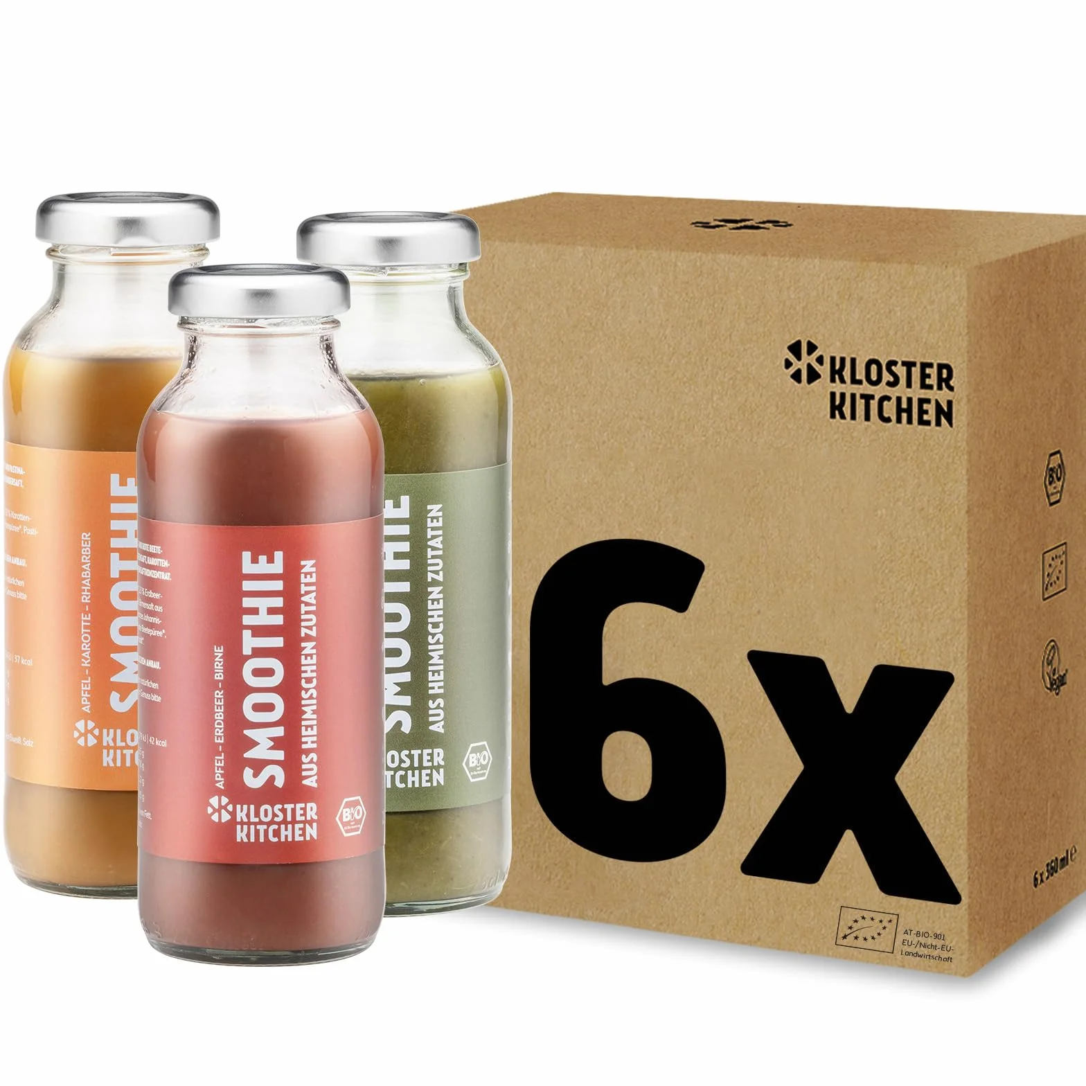 Kloster Kitchen Bio Smoothie Mix 6x250 ml Set Rojo Naranja Verde Vegano Desayuno Superalimentos Botella Vidrio