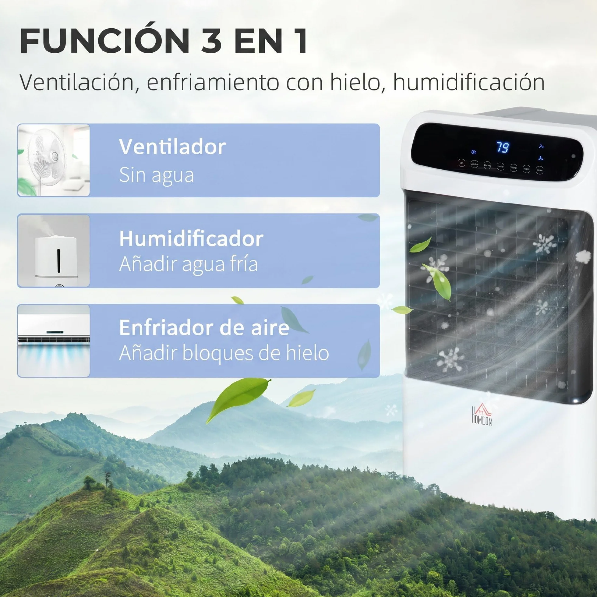 HOMCOM Climatizador Evaporativo Bajo Consumo 4 en 1 Depósito 12L Humidificador Climatizador Iones Negativos Control Remoto 3 Modos 3 Velocidades Temporizador 12 h Pantalla LED Táctil 38x35x81cm Blanco