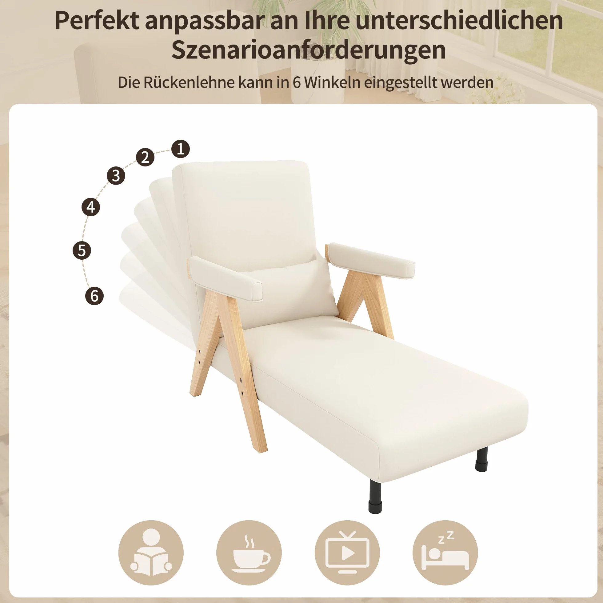 Sillón plegable acolchado 3 en 1 con función de sueño, sofá cama convertible, sillón lounge, cama individual, adecuado para salón, dormitorio, oficina, apartamento, etc. (beige)