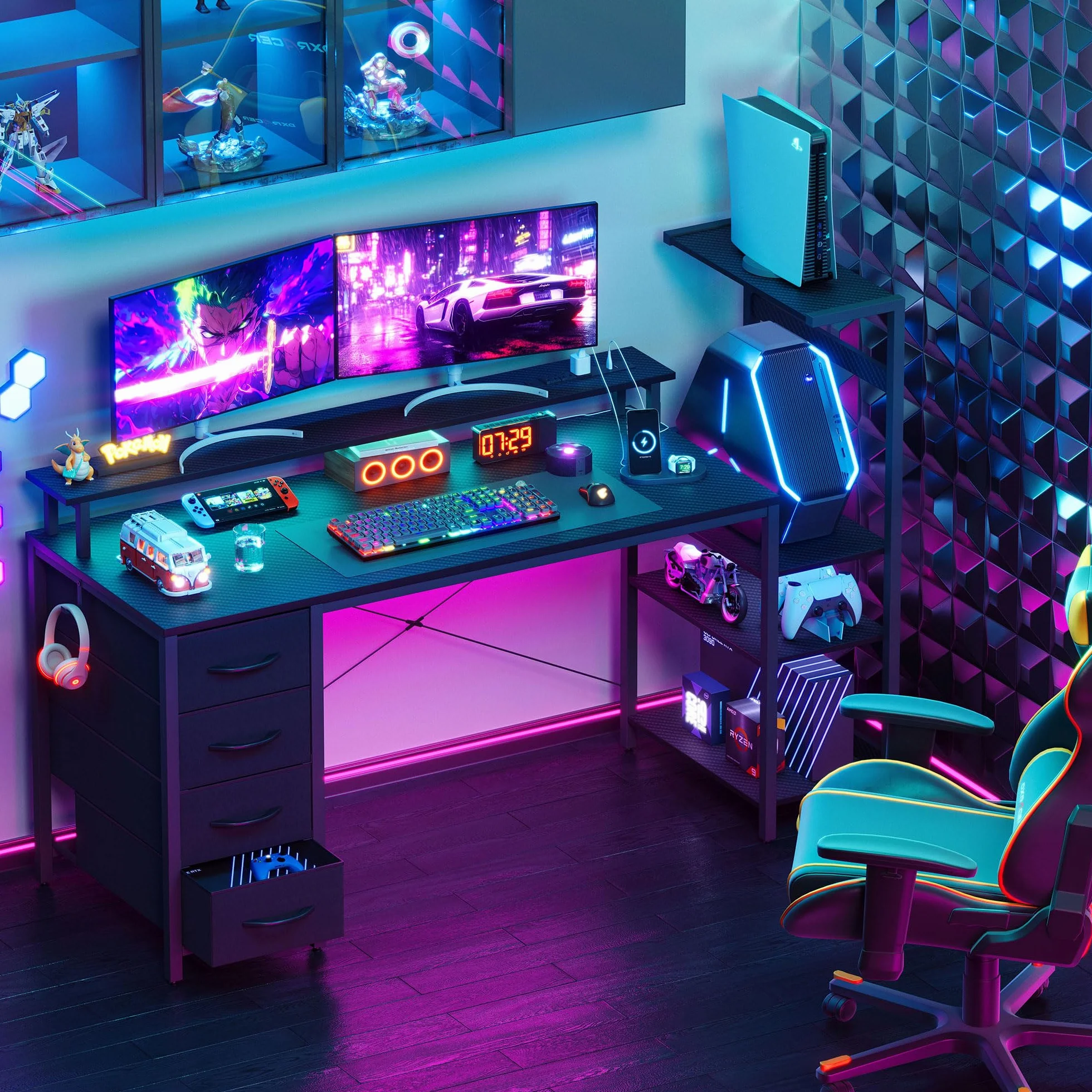 YOUDENOVA Escritorio para juegos con 4 cajones de tela, 150 x 48 cm, doble cara, con LED y enchufe, escritorio de oficina con soporte de monitor, conexión USB, mesa para oficina en casa y jugadores