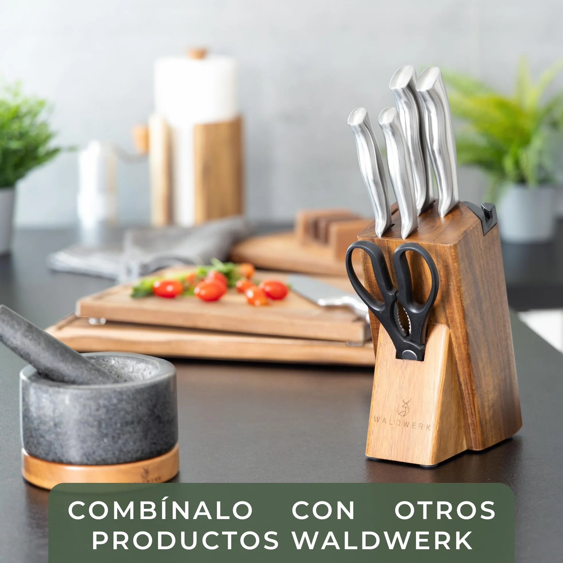 WALDWERK Juego de cuchillos de cocina de 7 piezas con bloque y afilador integrado