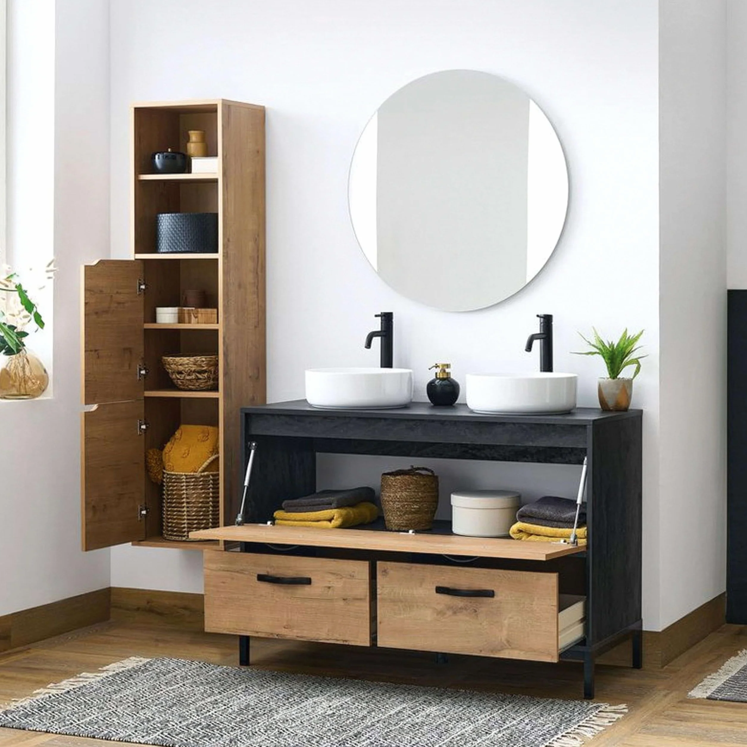 Muebles Pitarch | Mueble de Baño Doble 120cm ancho, Industrial Negro y Roble Gold, con estructura Patas, 2 Cajones y 1 Puerta, para Lavabos de sobreponer, modelo Sena