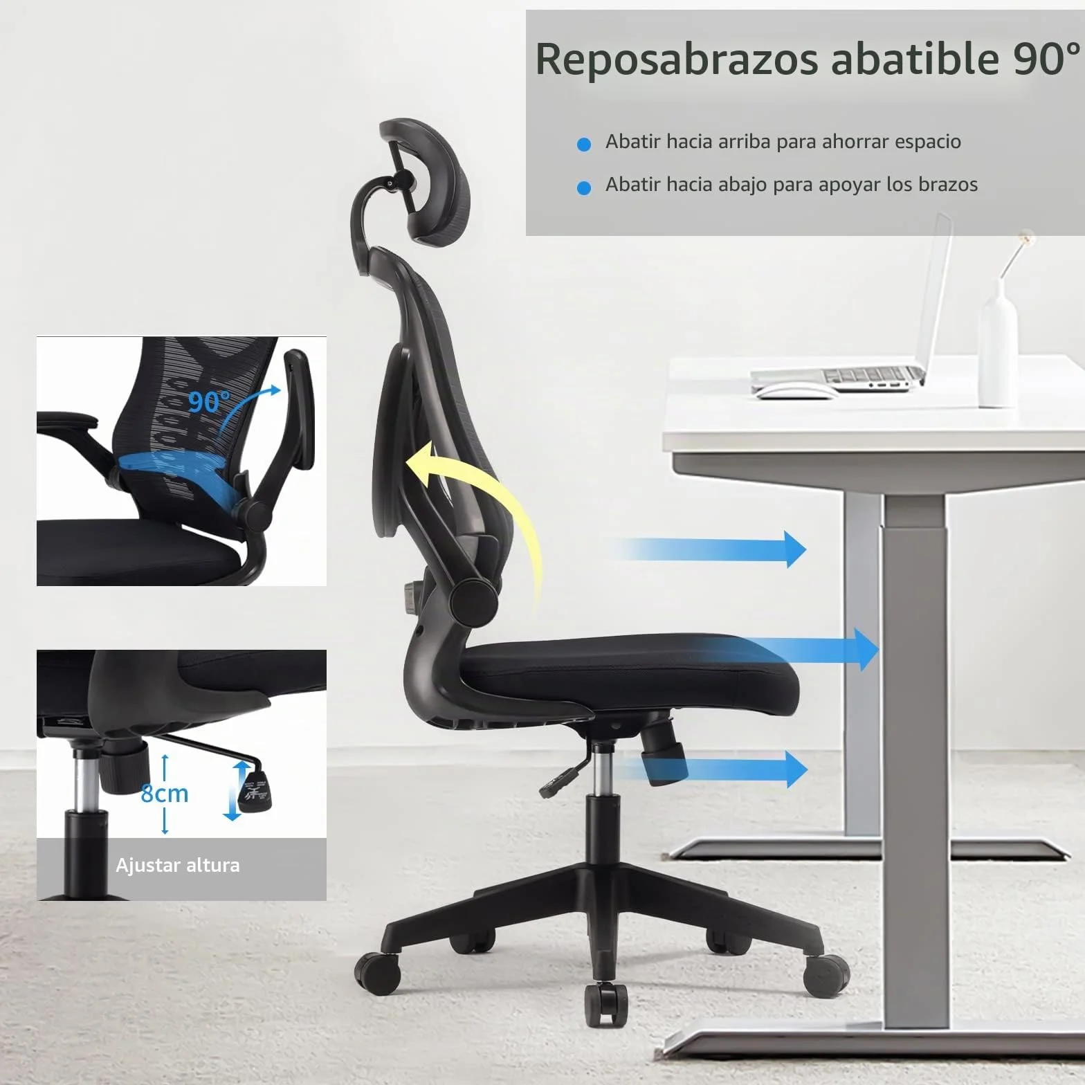 Magic Life Silla de Escritorio Ergonómica Reposabrazos Abatible 90° Soporte Lumbar Ajustable Giratoria 360° Mecedora (Negro)