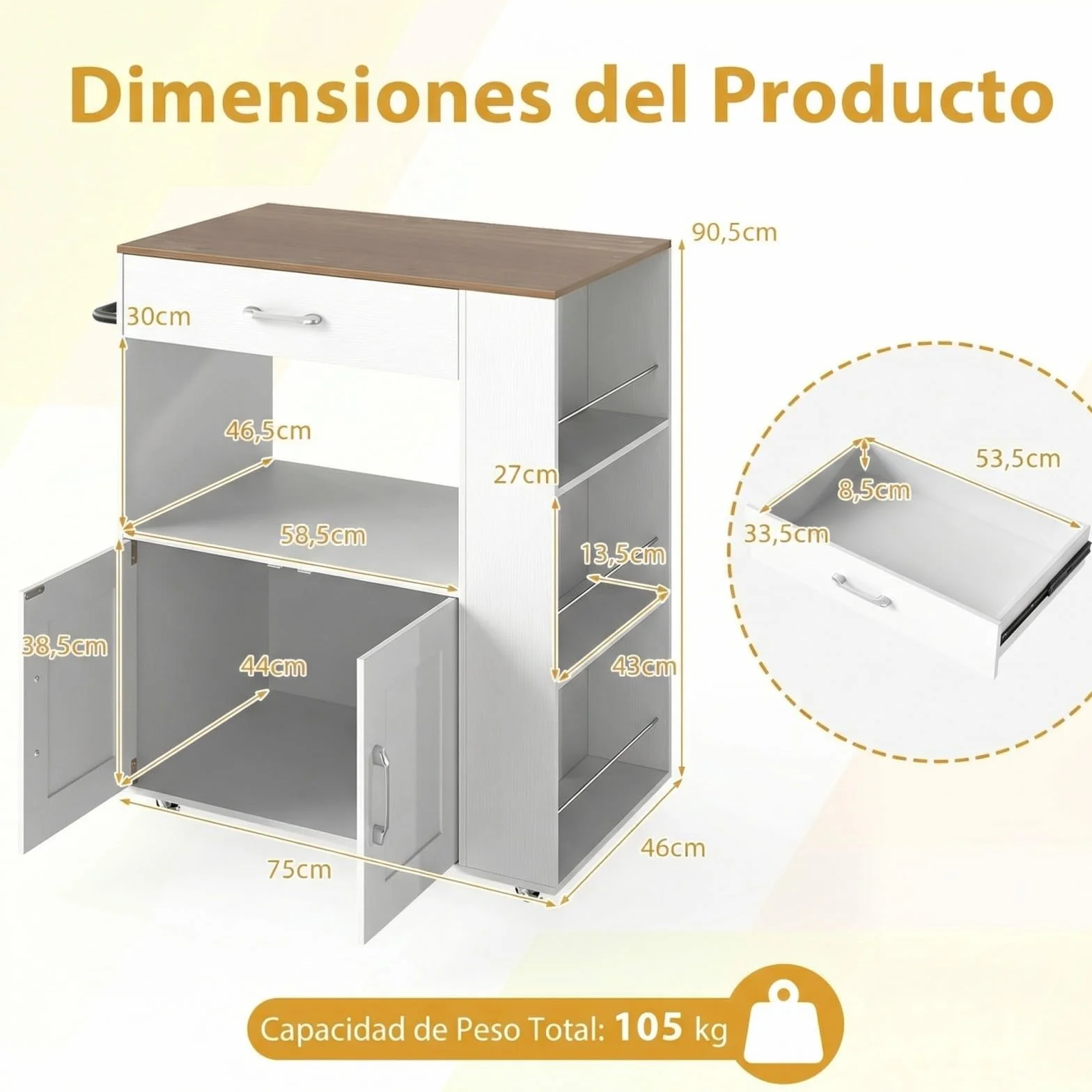 COSTWAY Carrito de Cocina con Ruedas, Armario de Sevicio Rodante con 3 Estantes Abiertos y un Cajón, Armario Grande de 2 Puertas, Carrito de Almacenamiento con Toallero y 2 Ruedas Bloqueables, Blanco