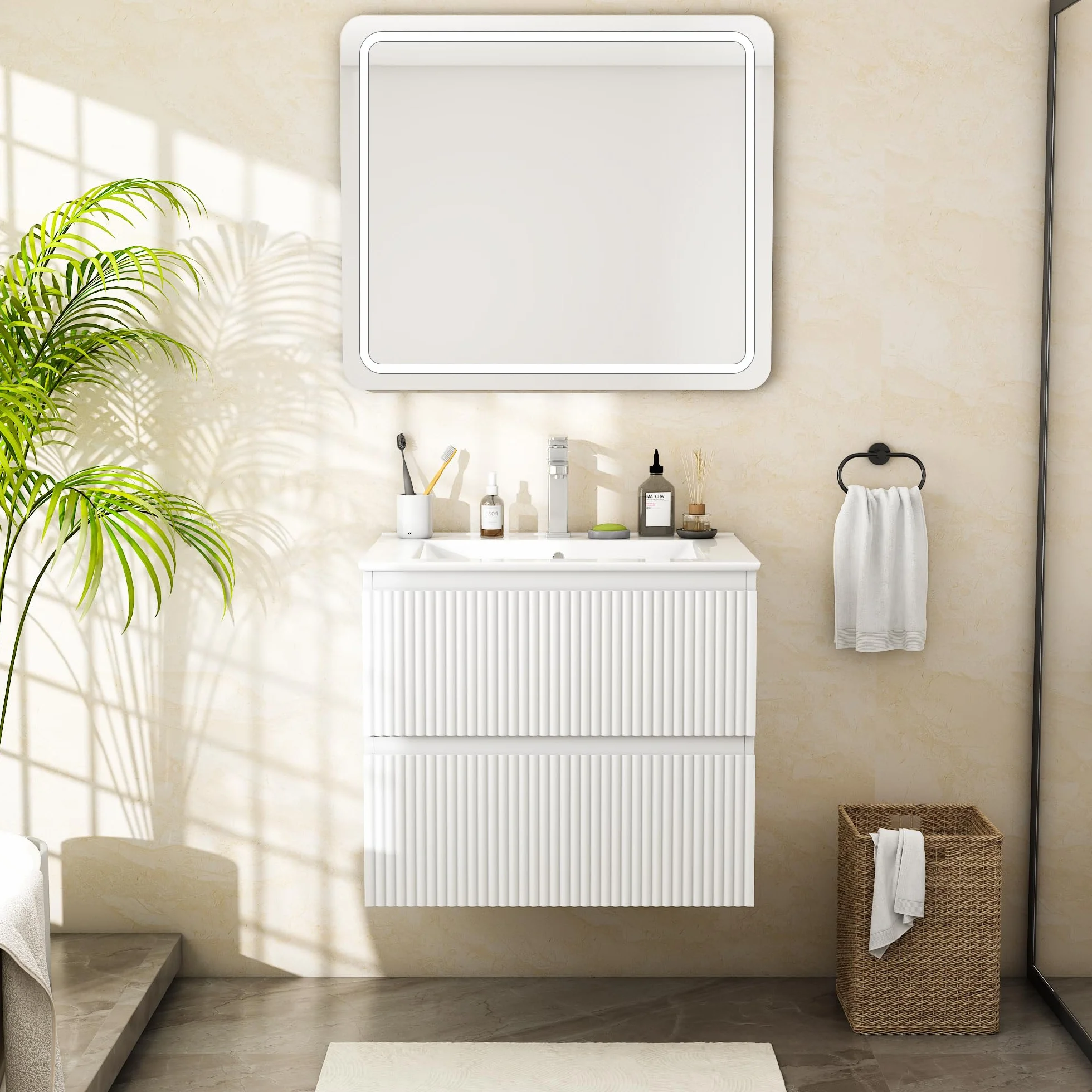 Mueble de Baño Suspendido 60 cm con Lavabo de Cerámica y 2 Cajones Profundos | Panel con Acabado Estriado Vertical, MDF E1 Antihúmedo, Blanco