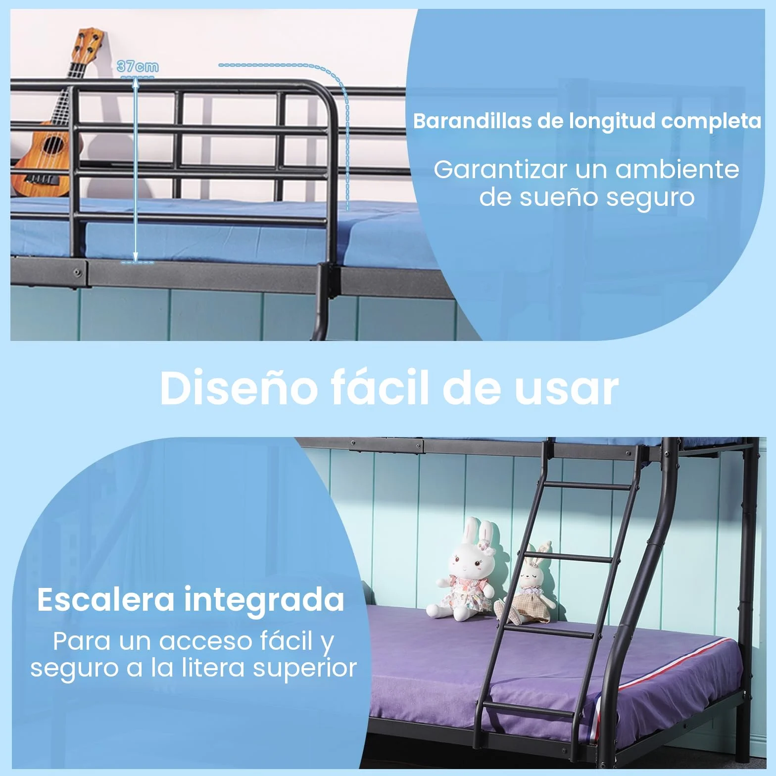 Litera de 90 x 200/140 x 200 cm con Somier, Cama Infantil con Escalera y Protección Anticaídas Cama Alta - Negro