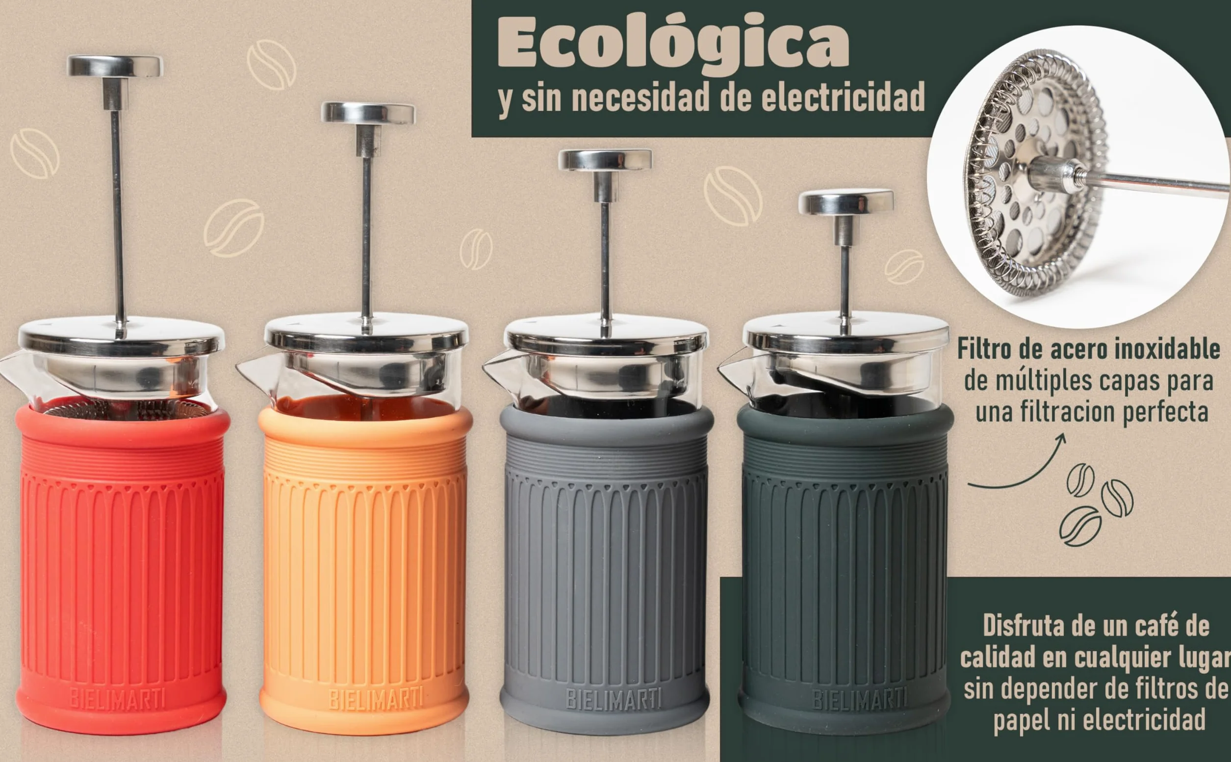 Cafetera de Prensa Francesa, 350 ml, Vidrio Borosilicato, Funda de Silicona Térmica,french press,cafetera de embolo (gris)