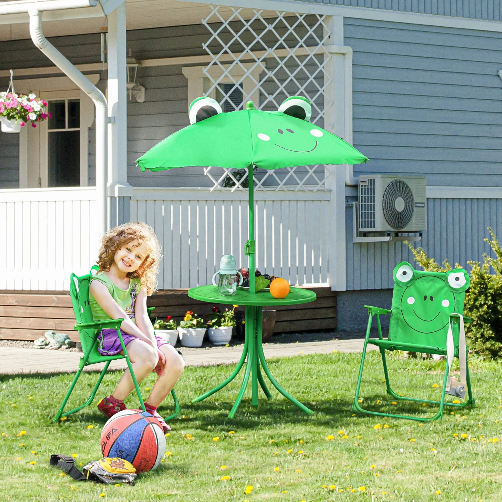 Outsunny Set de Mesa y Sillas Infantil de Jardín Plegable con Sombrilla Ajustable 100-125 cm Verde