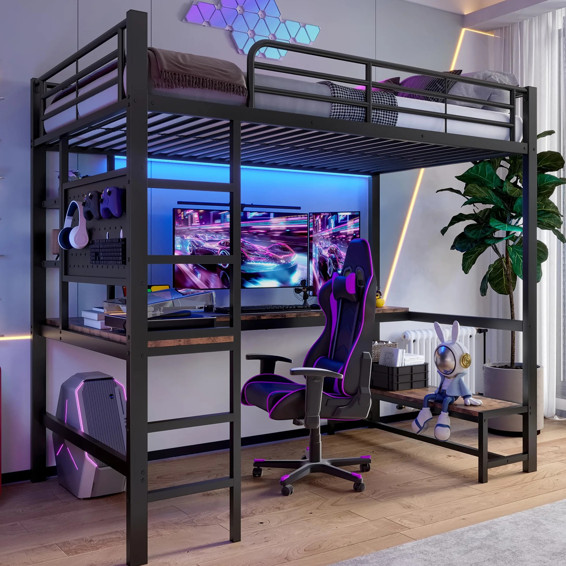 Lubvtti Cama alta 90x200, con escritorio, toma USB+TYPE-C, tira LED, estantes, panel perforado, cama apilable para niños, estructura de cama infantil de hierro (B-Negro)