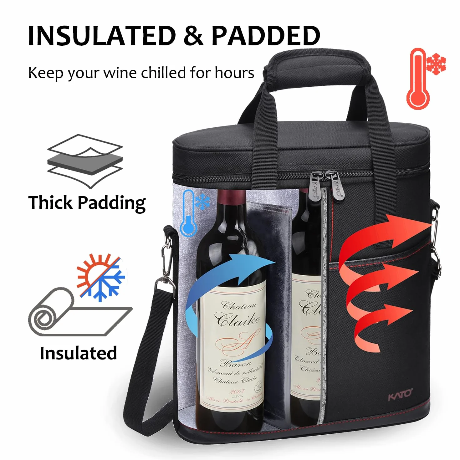 Bolsa de vino aislada Kato Tirrinia 3 botellas negro 29x10x33 cm asa correa hombro ajustable
