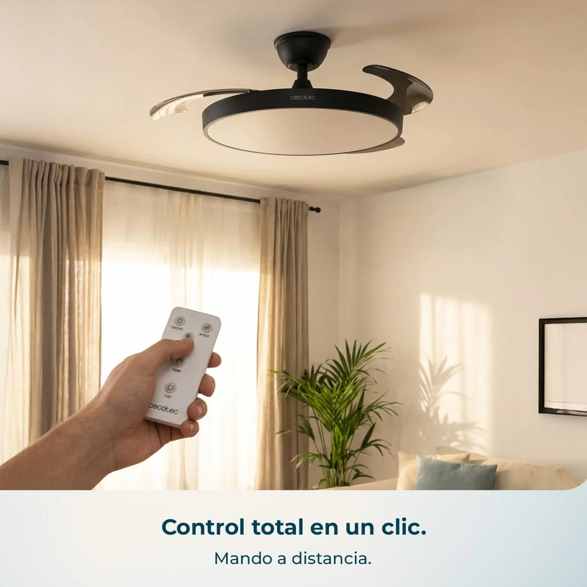 Cecotec Ventilador de Techo con Luz Aspas Retráctiles EnergySilence Aero 300 Air Invisible Black 30W Motor DC Mando a Distancia 6 Velocidades