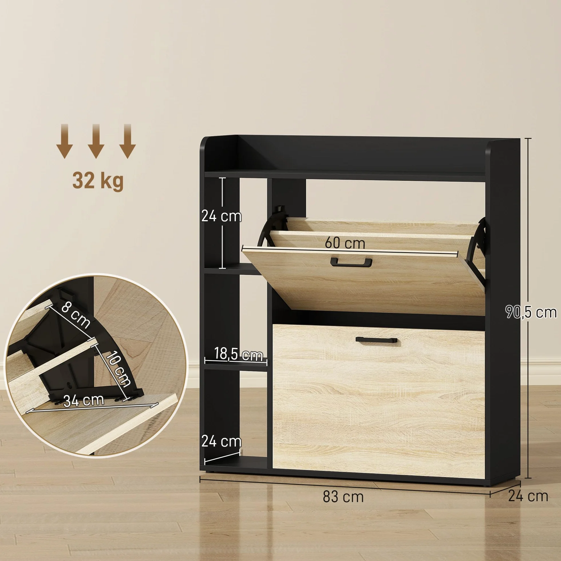 HOMCOM Zapatero Estrecho 2 Puertas, Zapatero Entrada Recibidor con 3 Estantes Laterales y Estantes Ajustables, para 15 Pares de Zapatos, para Pasillo, Espacio Reducido, 83x24x90,5 cm, Natural y Negro