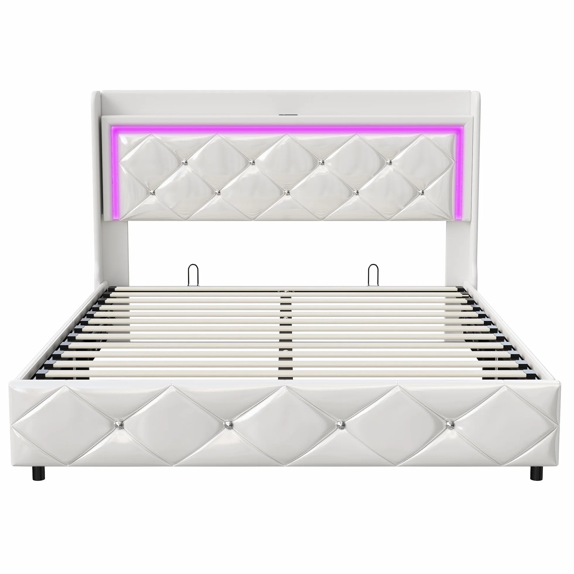 BRILVERDE Cama tapizada 140x200 cm, Cama Doble con iluminación LED, cabecero con Compartimentos de Almacenamiento y función de Carga USB, Base con somier, Cama de Dormitorio, PU, ​​Blanco