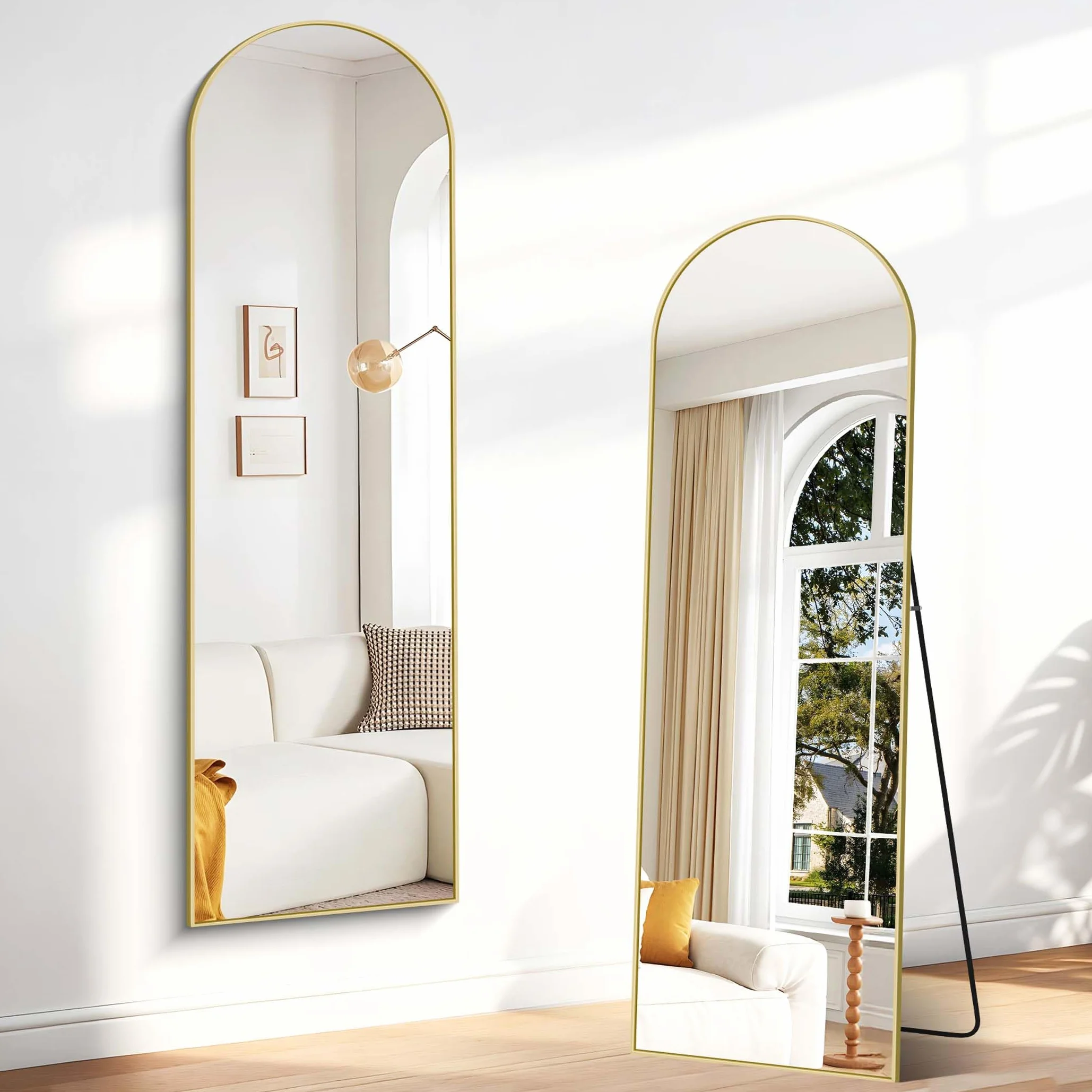 Weare Home Espejo de Cuerpo Entero, 150 x 40 cm, Espejo de Pie Curvado, Espejo de Pared con Marco de Aluminio Dorado y Soporte para Sala Dormitorio