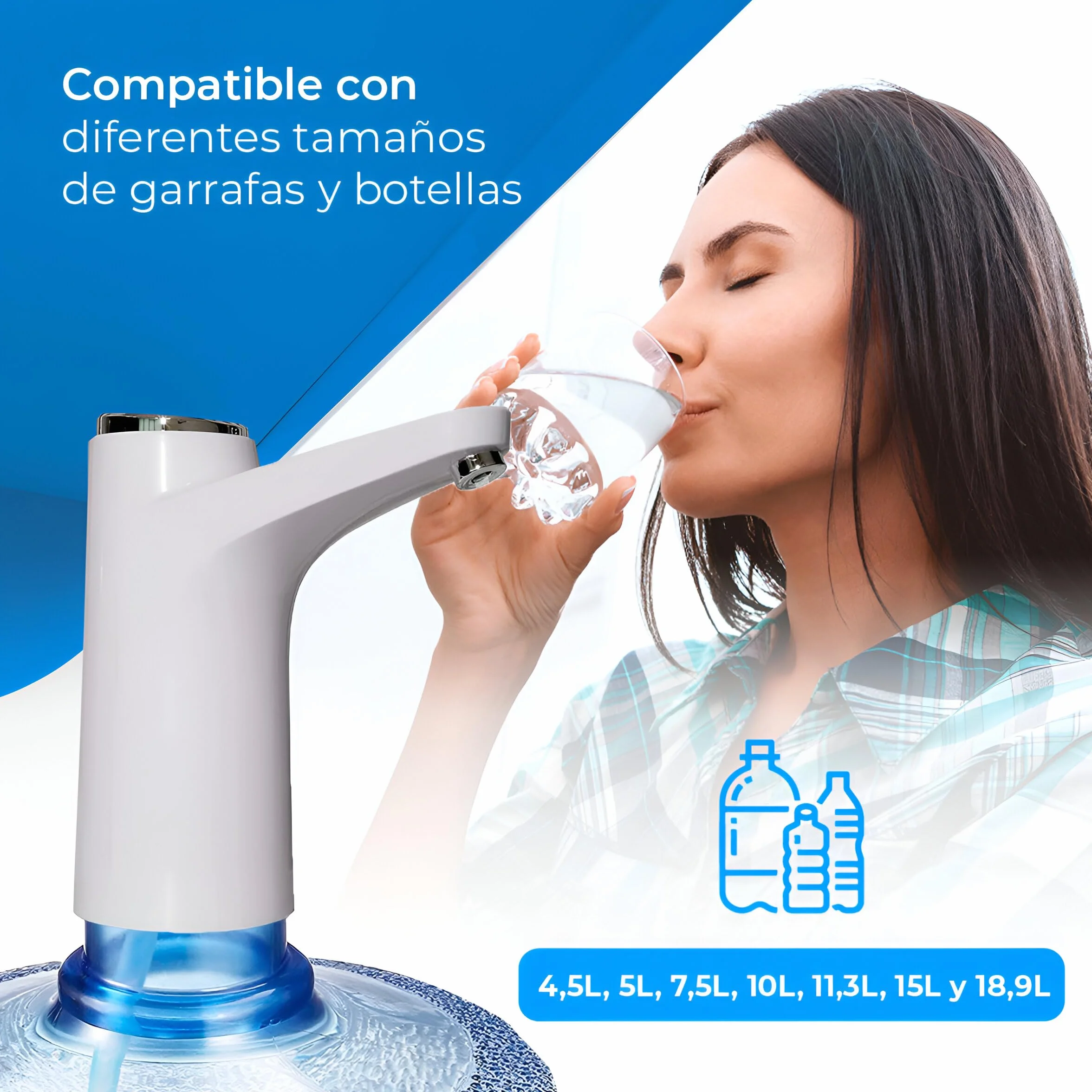 NK Dispensador de Agua - Indicador LED, Batería 1200 mAh Recargable por USB, Material de Silicona, Compatible con Garrafas y Botellas 4,5L 5L 7,5L 10L 11,3L 15L 18,9L Adaptador de 3,8-4,8cm (Blanco)